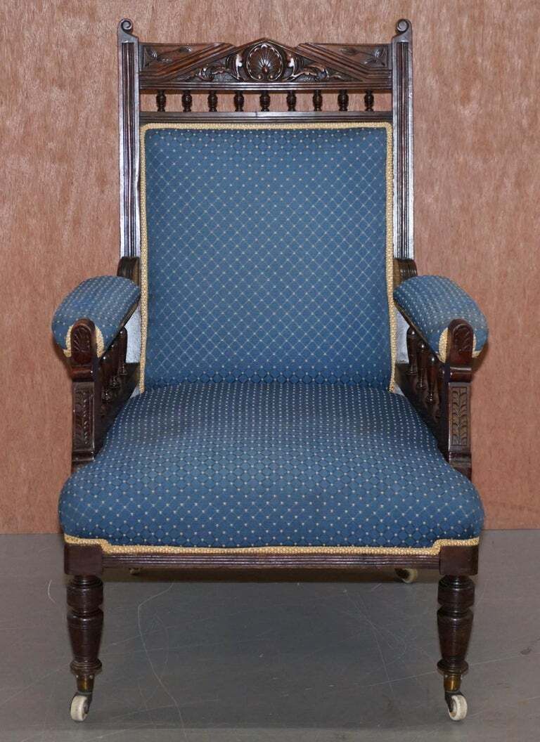 Early Victorian Carved Hardwood Library Reading Armchair Regency Blue Upholstery photo furniture