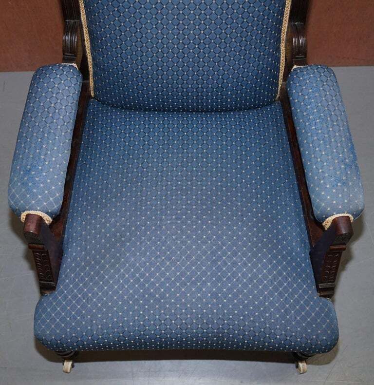 Early Victorian Carved Hardwood Library Reading Armchair Regency Blue Upholstery photo 1750.0