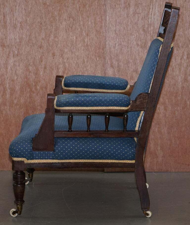 1750.0 Early Victorian Carved Hardwood Library Reading Armchair Regency Blue Upholstery photo