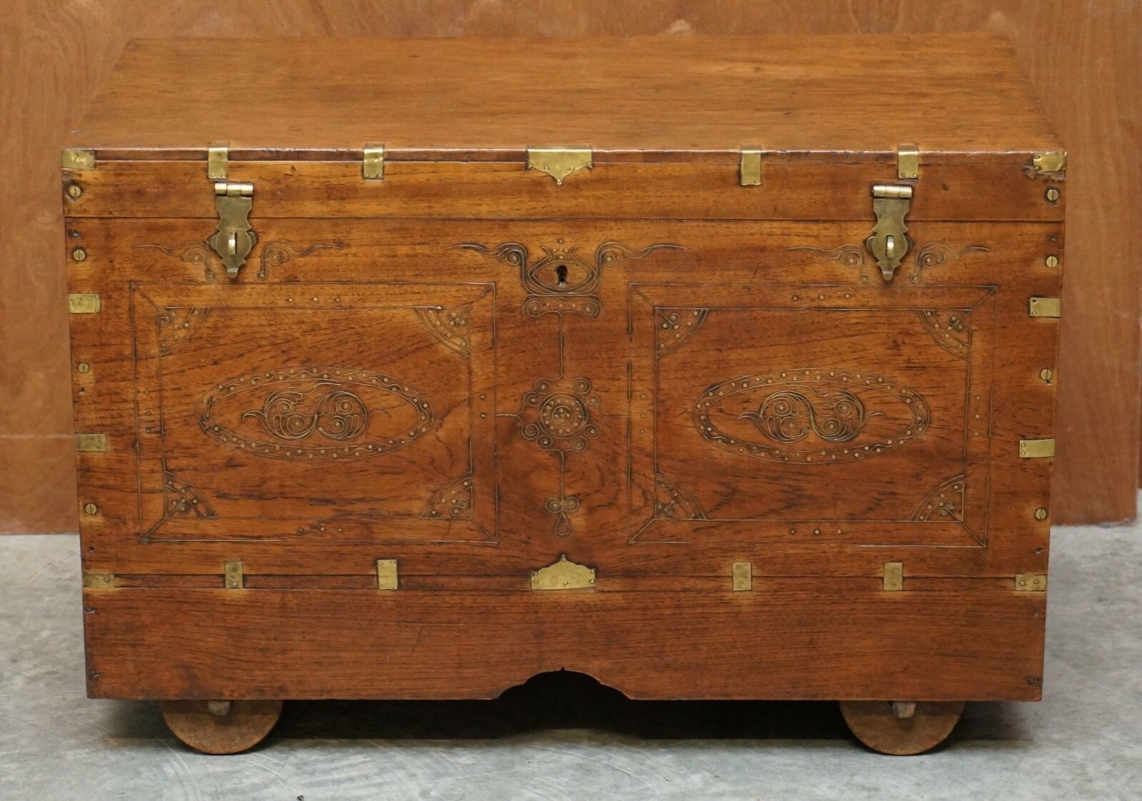 Antique Circa 1900 Indian Teluga Kavidpetti Marriage Dowry Campaign Chest Wheels photo for sale