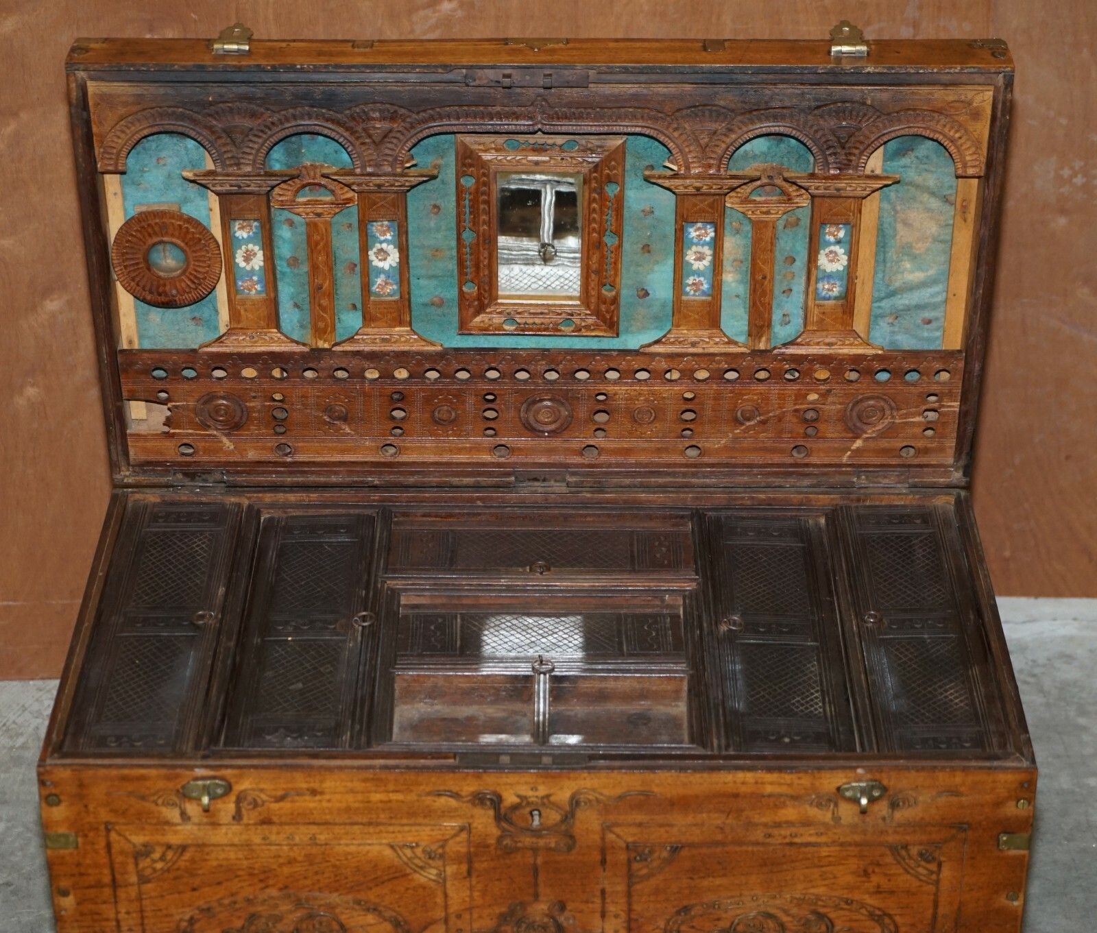 photo furniture Antique Circa 1900 Indian Teluga Kavidpetti Marriage Dowry Campaign Chest Wheels