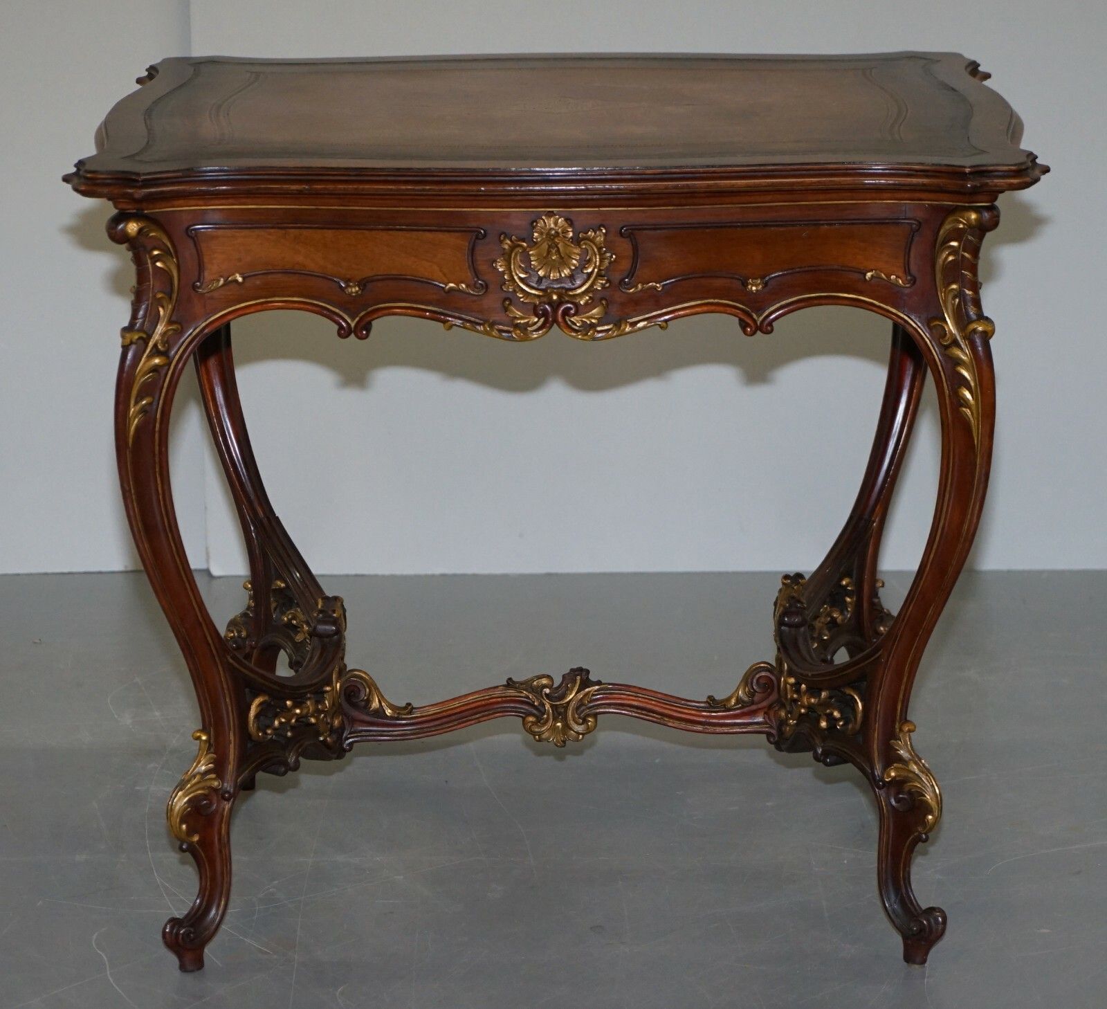photo for sale Lovely Circa 1900 Late Victorian French Pine Brown Leather Gold Gilt Desk Table