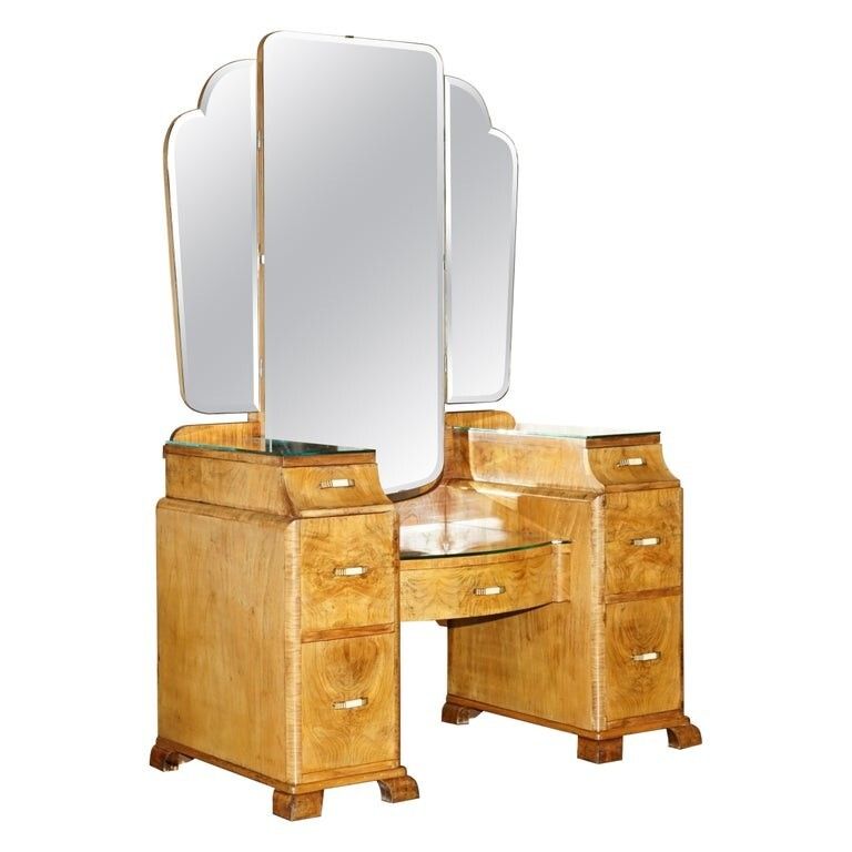 Antique Art Deco Circa 1930's Satin Walnut Dressing Table + Mirror Part Of Suite