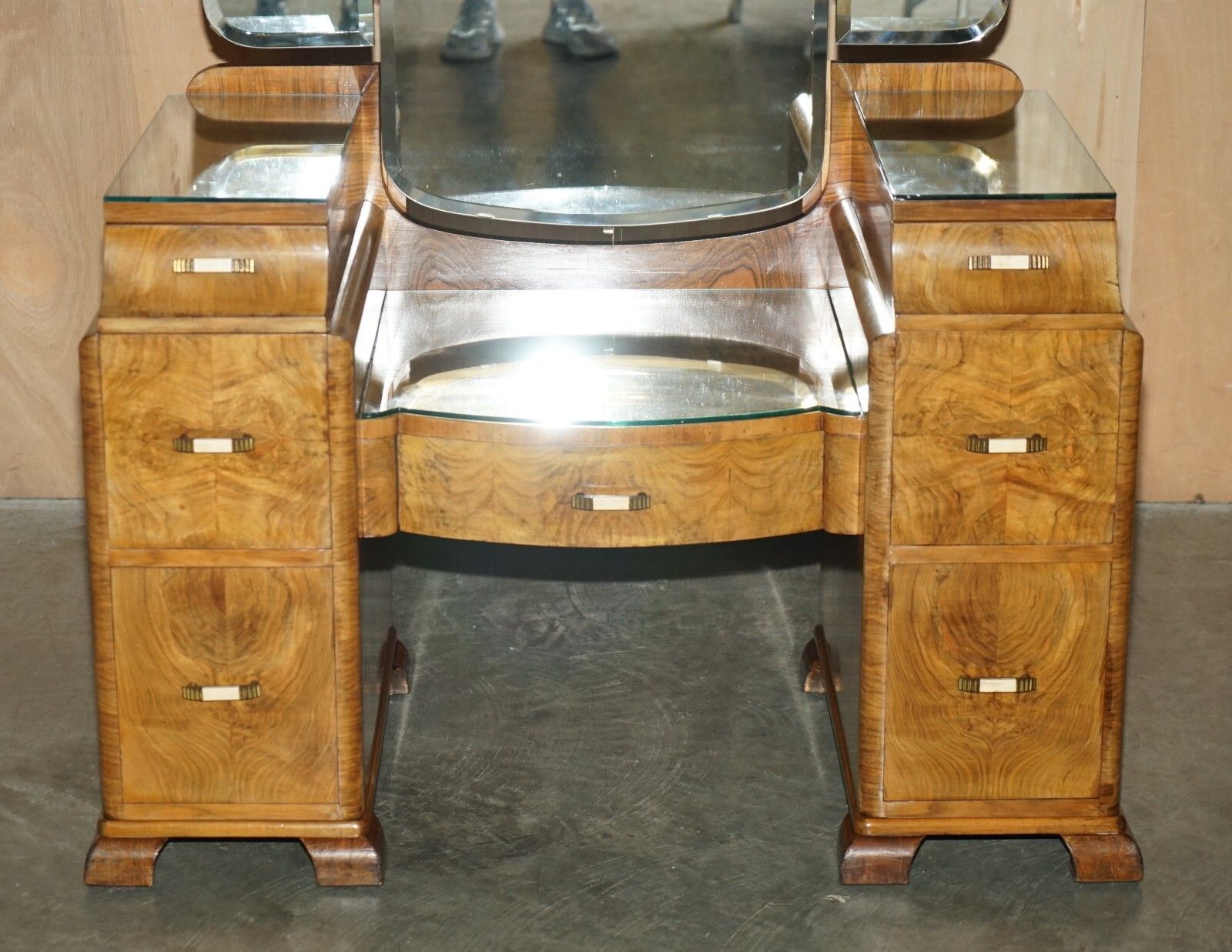 Antique Art Deco Circa 1930's Satin Walnut Dressing Table + Mirror Part Of Suite photo for sale