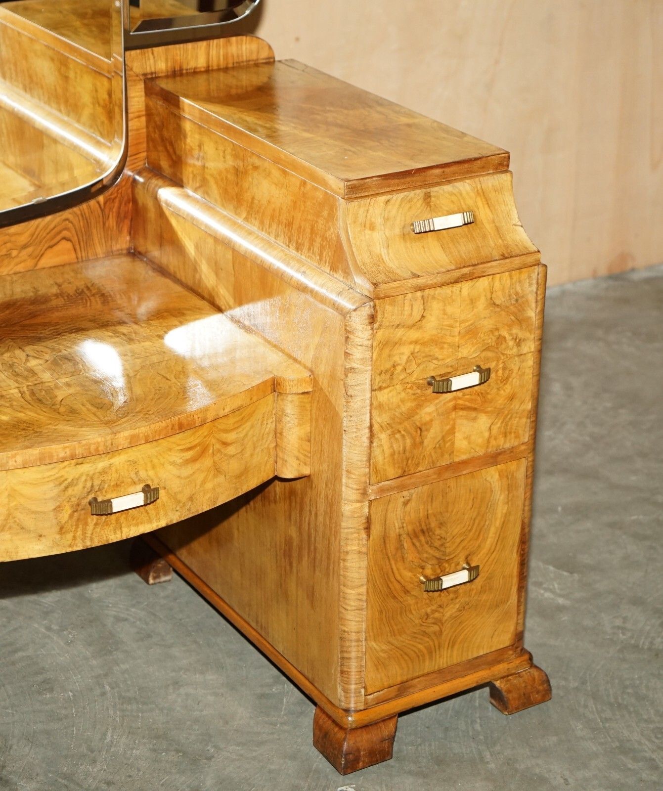 Antique Art Deco Circa 1930's Satin Walnut Dressing Table + Mirror Part Of Suite photo 1750.0