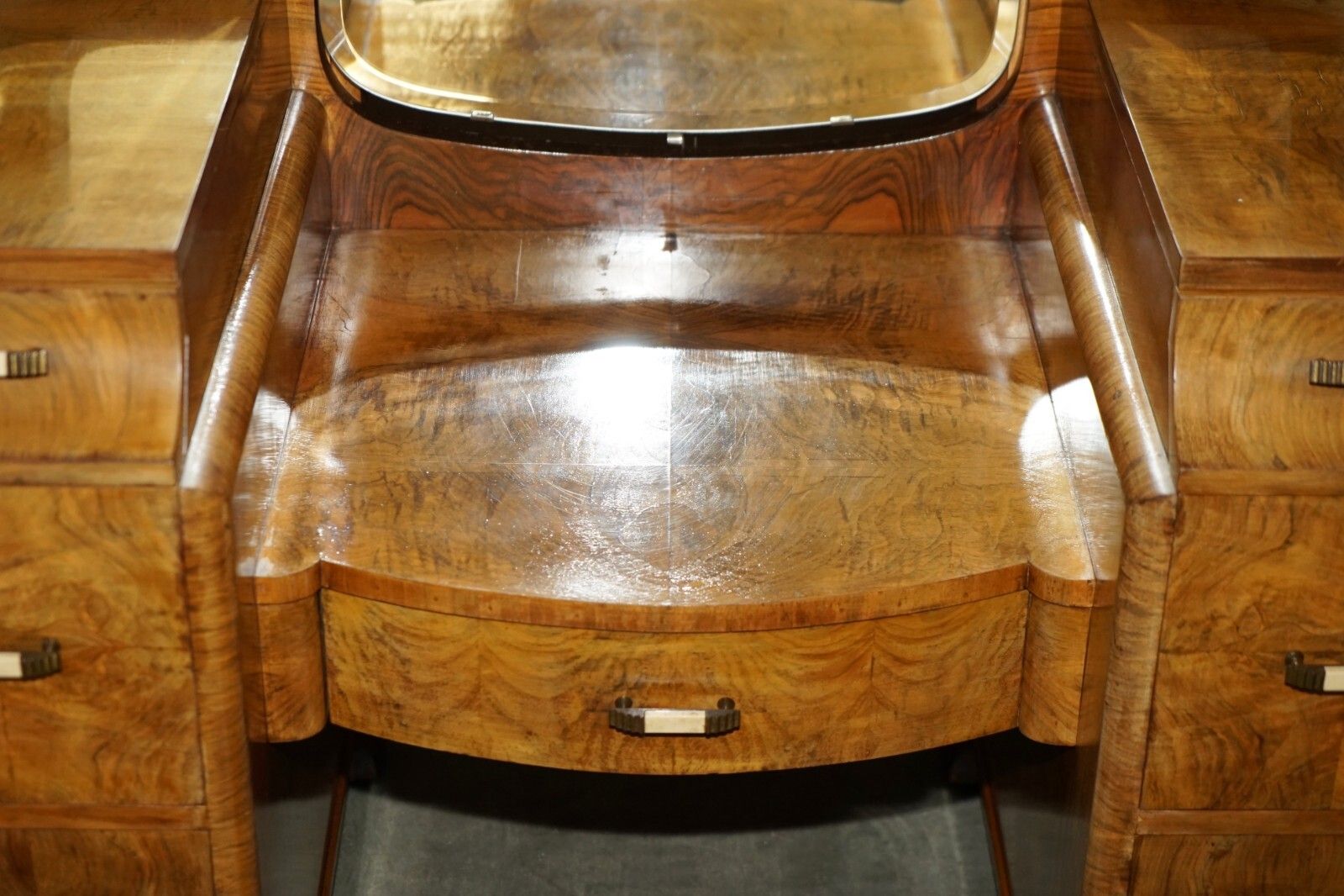 Antique Art Deco Circa 1930's Satin Walnut Dressing Table + Mirror Part Of Suite photo vinterior