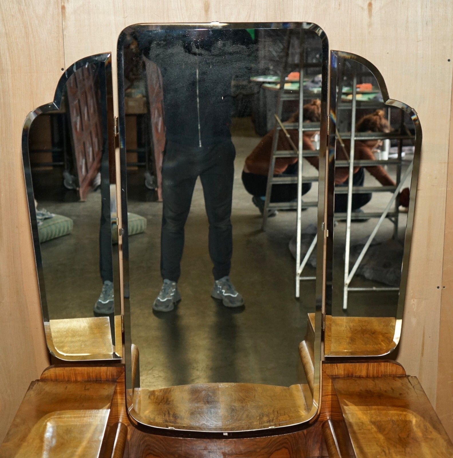 photo for sale Antique Art Deco Circa 1930's Satin Walnut Dressing Table + Mirror Part Of Suite