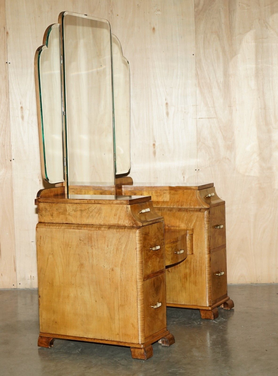 photo buy Antique Art Deco Circa 1930's Satin Walnut Dressing Table + Mirror Part Of Suite