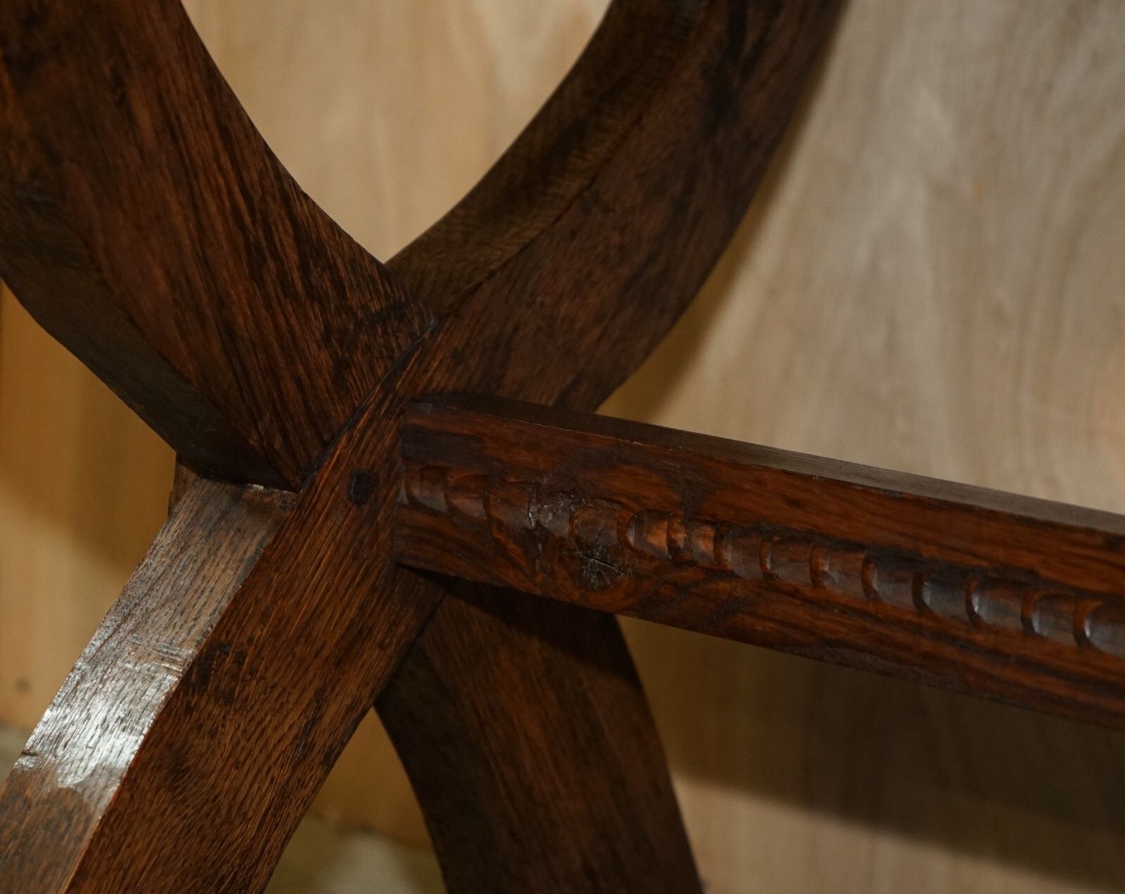Vintage Hand Carved Circa 1950's Trestle Dining Table English Oak Jacobean Style photo vintage