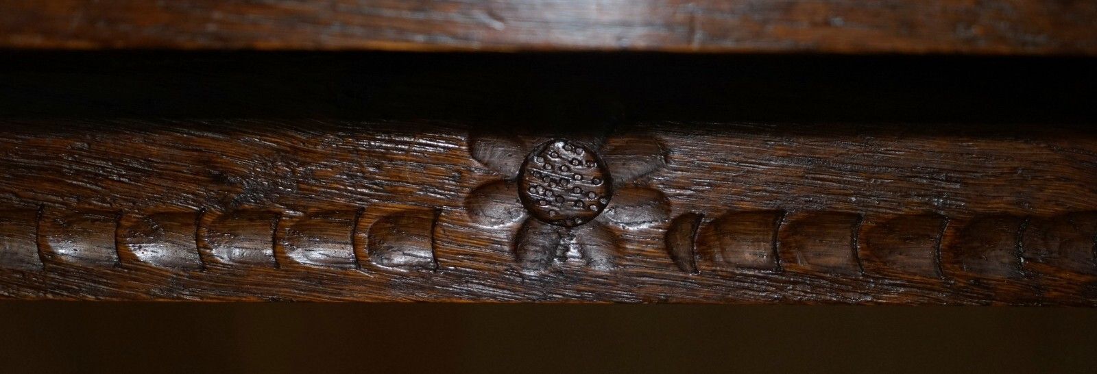 photo for sale Vintage Hand Carved Circa 1950's Trestle Dining Table English Oak Jacobean Style