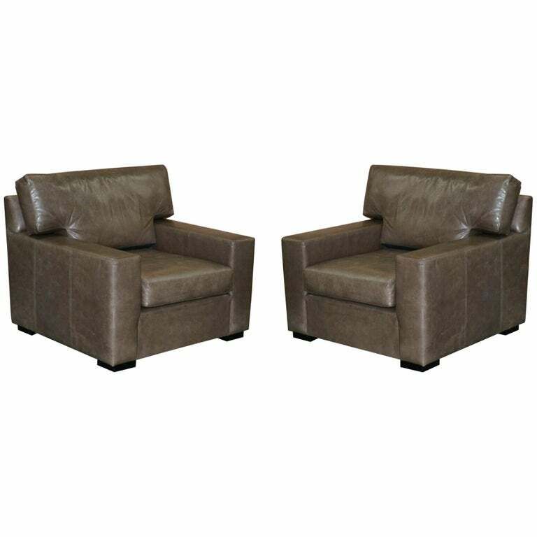 Luxury Pair Of Very Large Contemporary Grey Leather Armchairs Or Love Seats