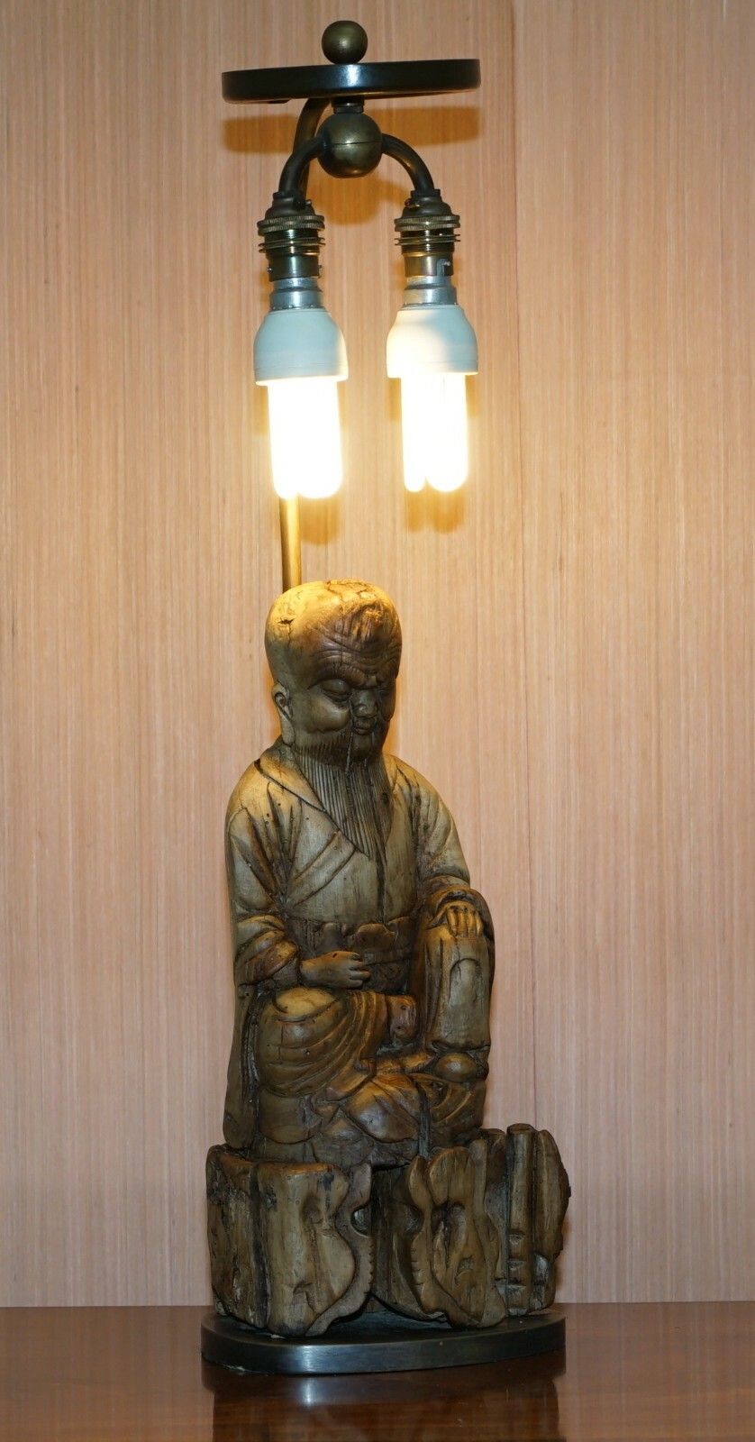 Very Rare Circa 1780 1800 Chinese Rootwood Carved Statue Of Buddha Table Lamp photo furniture