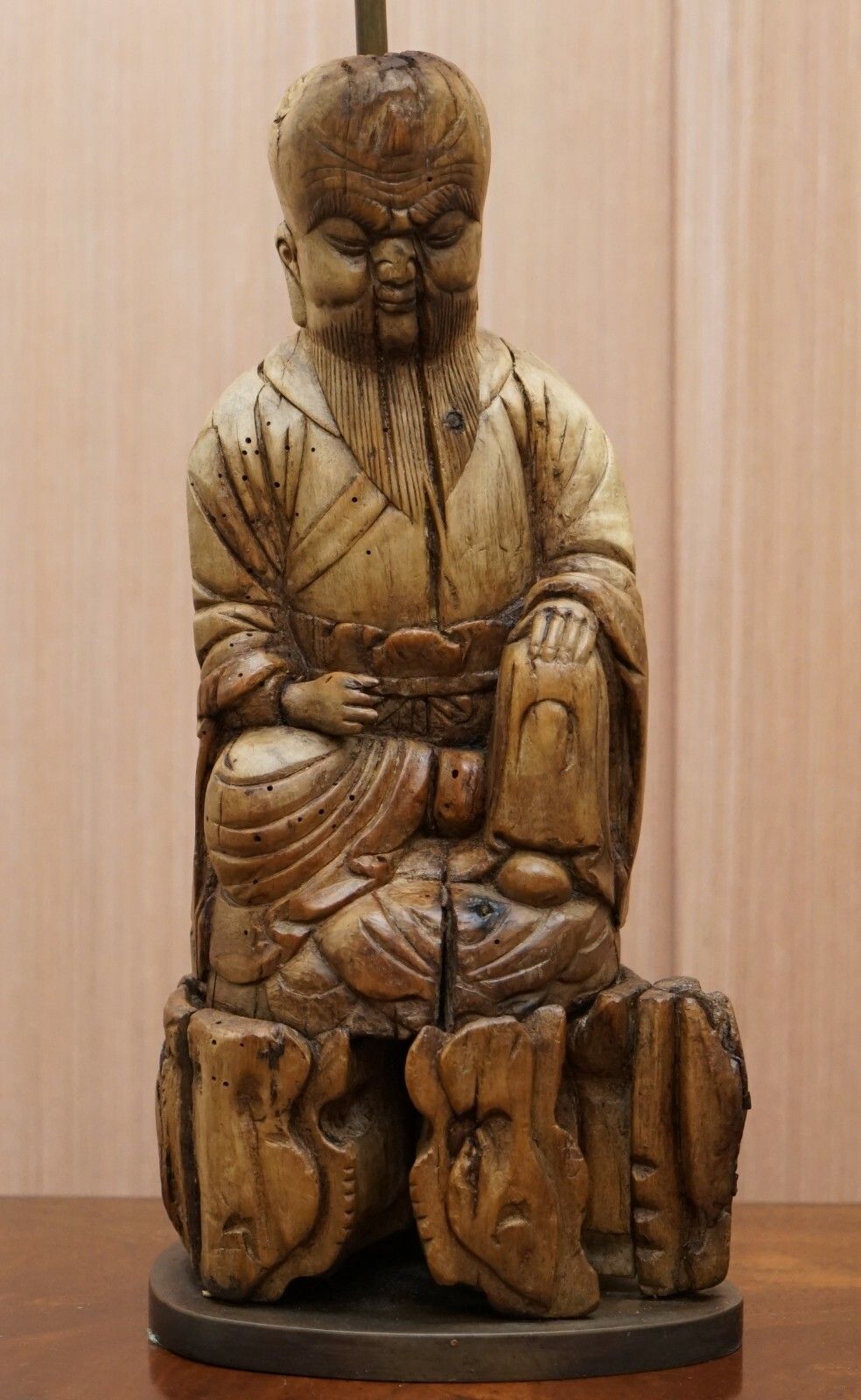Very Rare Circa 1780 1800 Chinese Rootwood Carved Statue Of Buddha Table Lamp photo Lighting