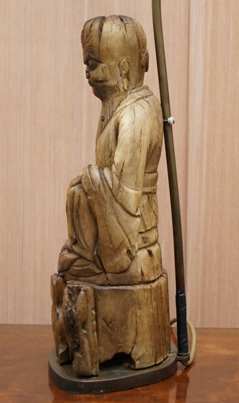 photo for sale Very Rare Circa 1780 1800 Chinese Rootwood Carved Statue Of Buddha Table Lamp