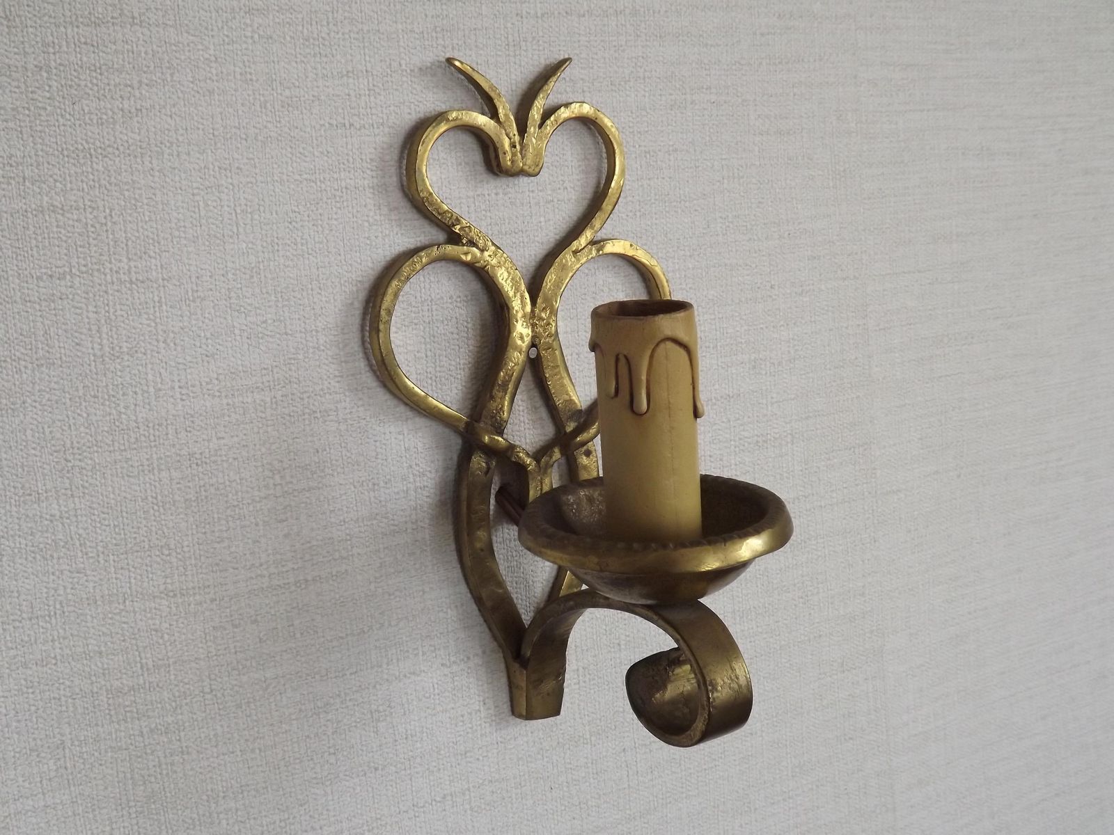 French Vintage Brass Hand Made Single Wall Light Scrolled Open Backplate   French Vintage Lighting. Hand Forged Brass Single Light Sconce. photo for sale
