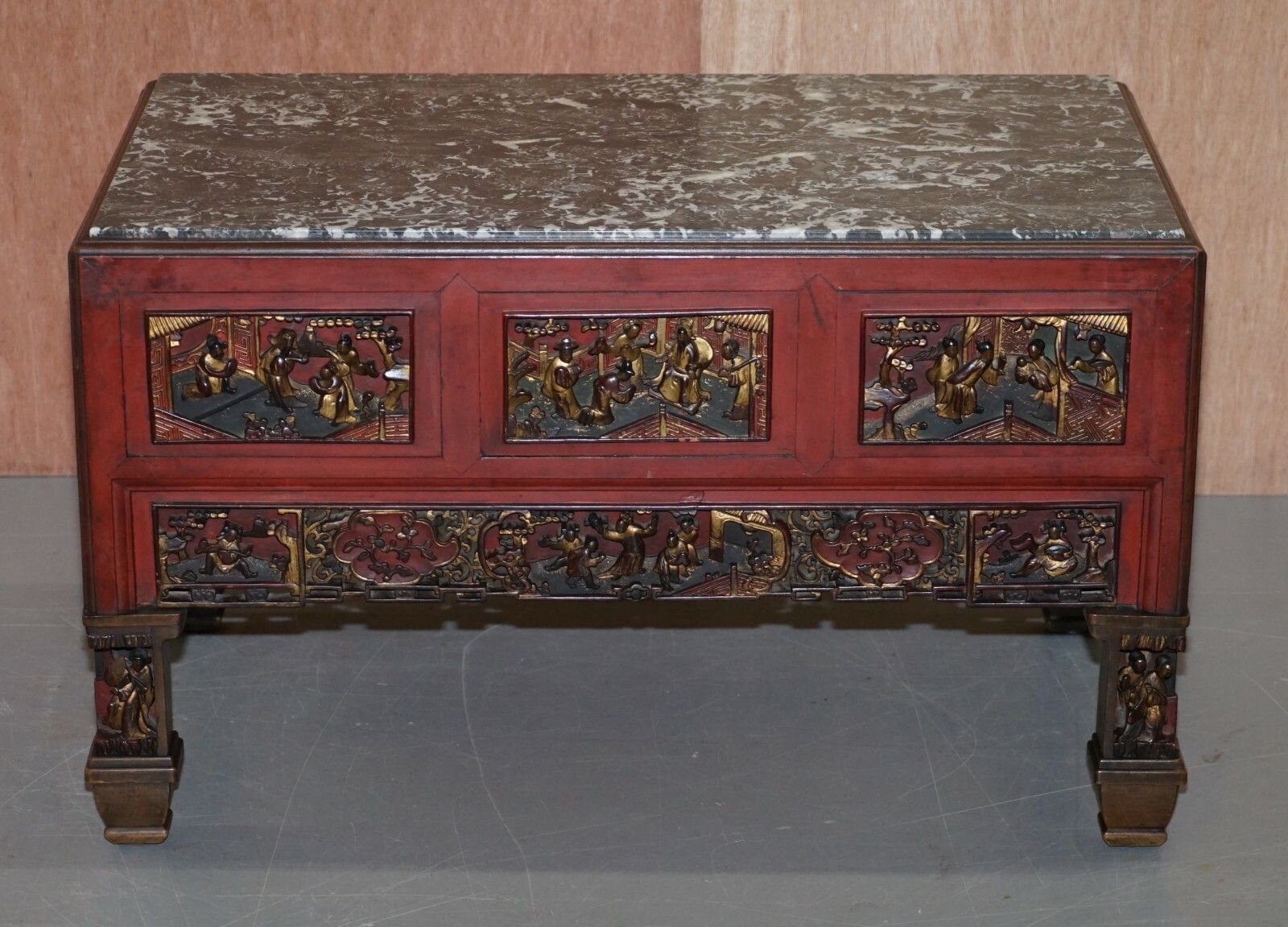 Chinese Marbel Topped Tea Or Coffee Table Using Vintage Carved Giltwood Panels photo furniture
