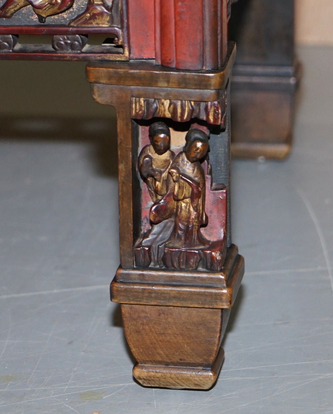 photo for sale Chinese Marbel Topped Tea Or Coffee Table Using Vintage Carved Giltwood Panels