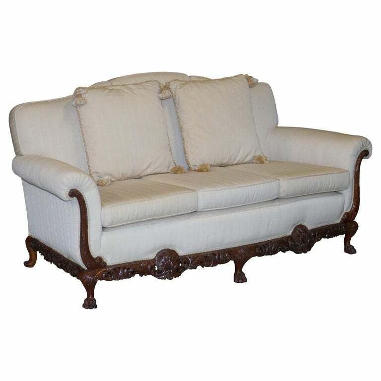 Part Of Large Suite Ornately Carved Walnut Lion Hairy Paw Feet Three Person Sofa