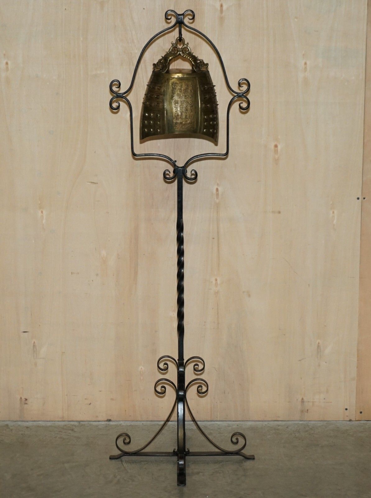 Antique Circa 1920 Chinese Export Floor Standing Bell With Wrought Iron Stand photo furniture
