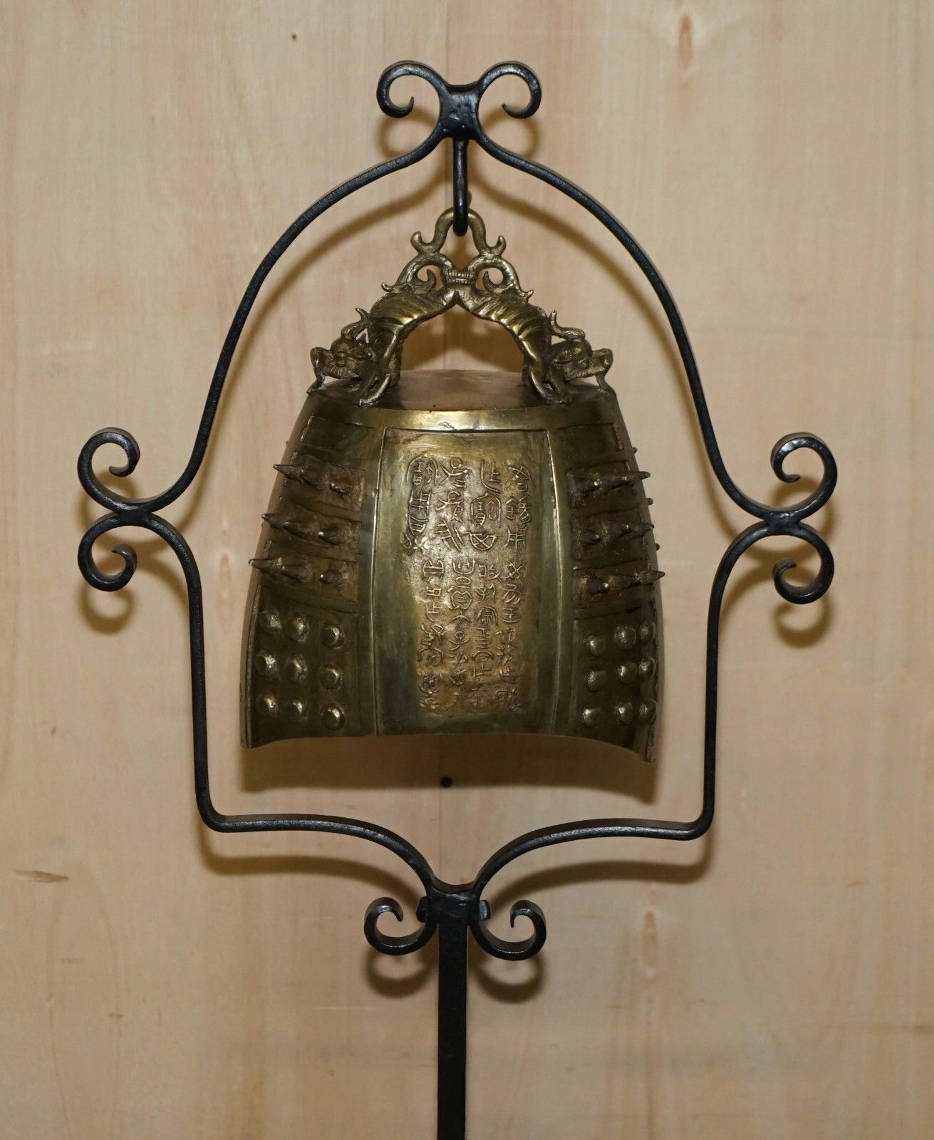 Antique Circa 1920 Chinese Export Floor Standing Bell With Wrought Iron Stand photo for sale