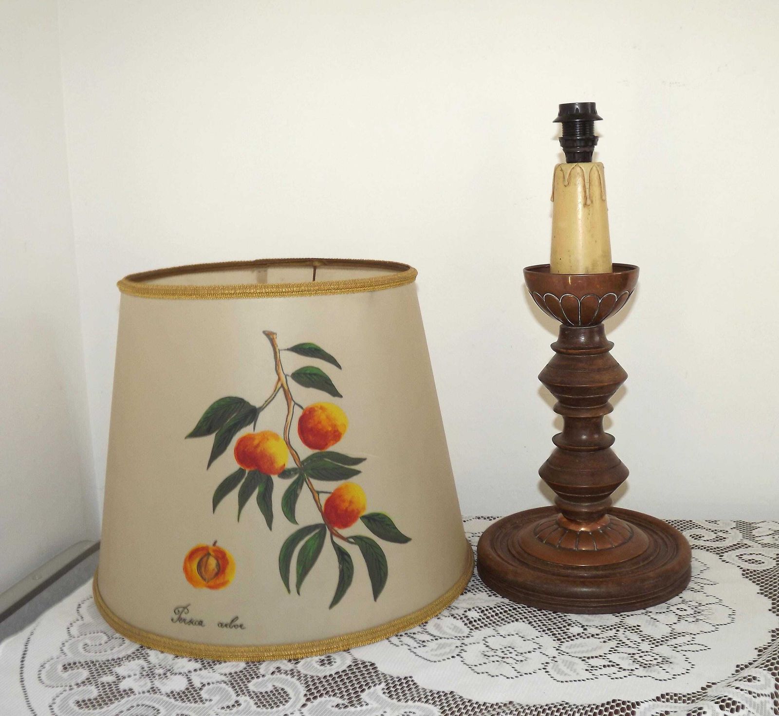 French Mid Century Round Turned Wood & Copper Lamp Hand Painted Shade   French Vintage Lighting. Hand Painted Peach And Leaf Detail Shade photo for sale