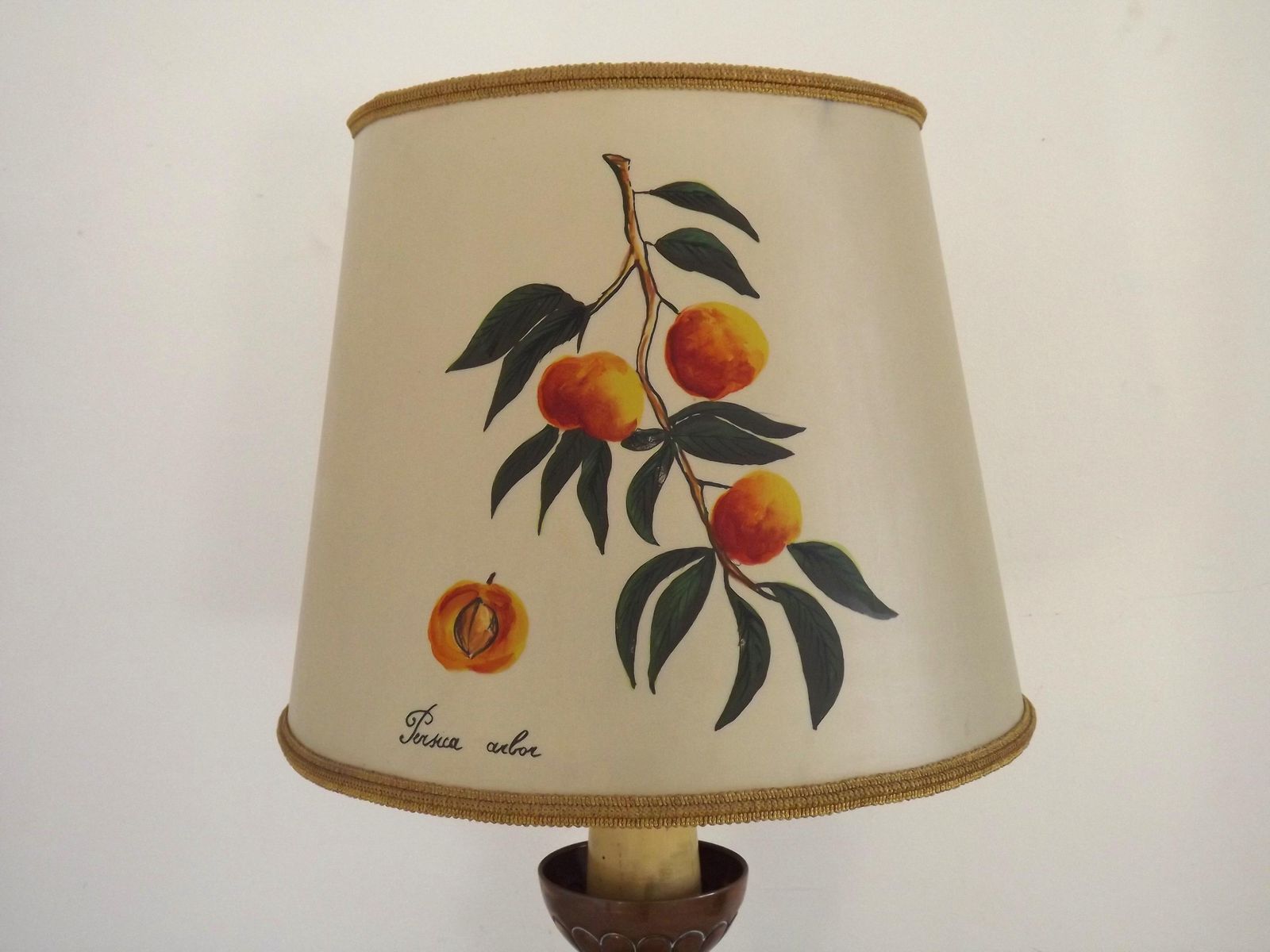 Franse Mid Century Lamp Met Gedraaid Hout En Koper, Handgeschilderde Kap | Frans Vintage Verlichtingsstuk. Handgeschilderde Kap Met Perzik  En Bladmotief photo Verlichting