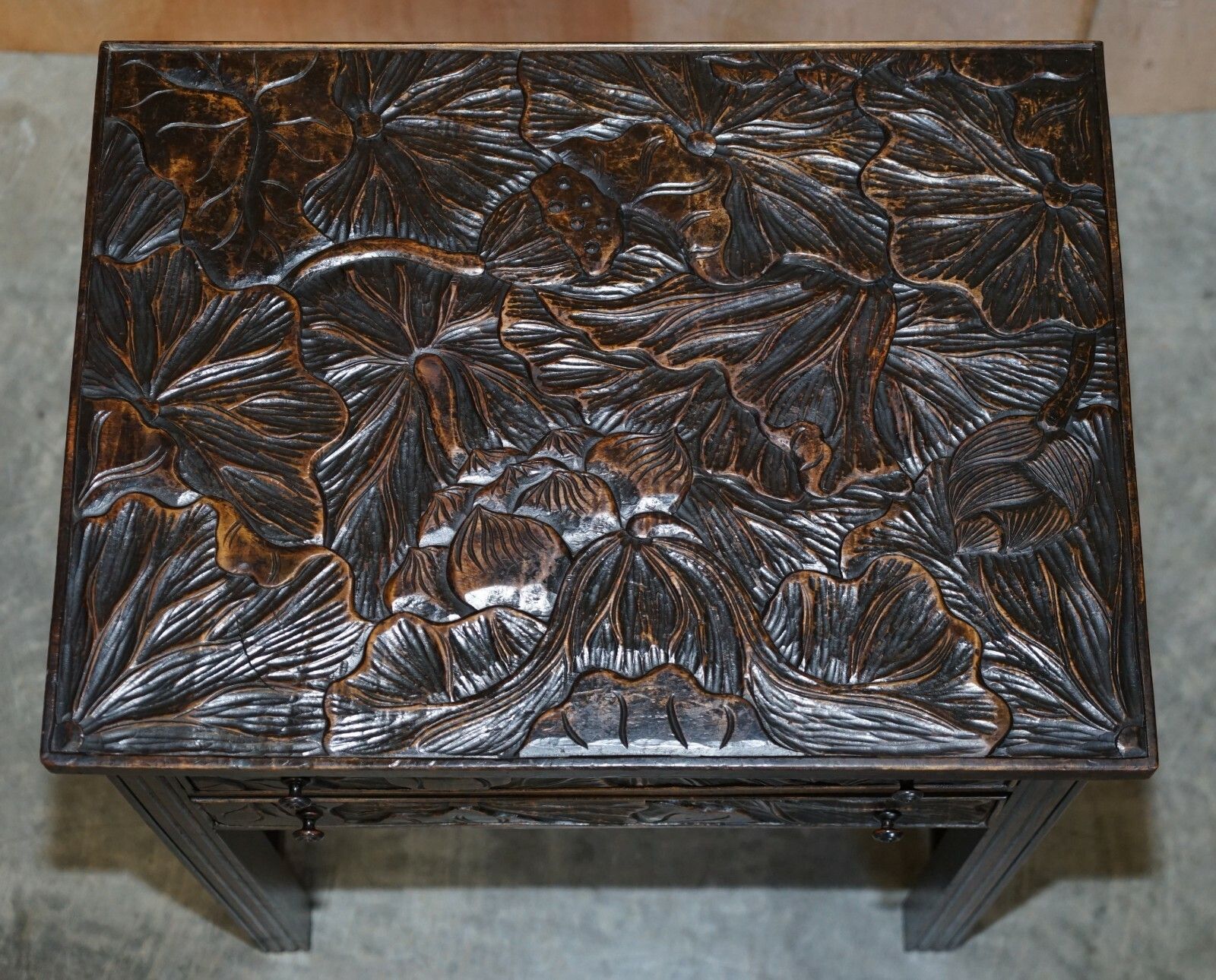 Circa 1905 Liberty's London Japanese Hand Carved Side Lamp Table Cutlery Drawers photo for sale
