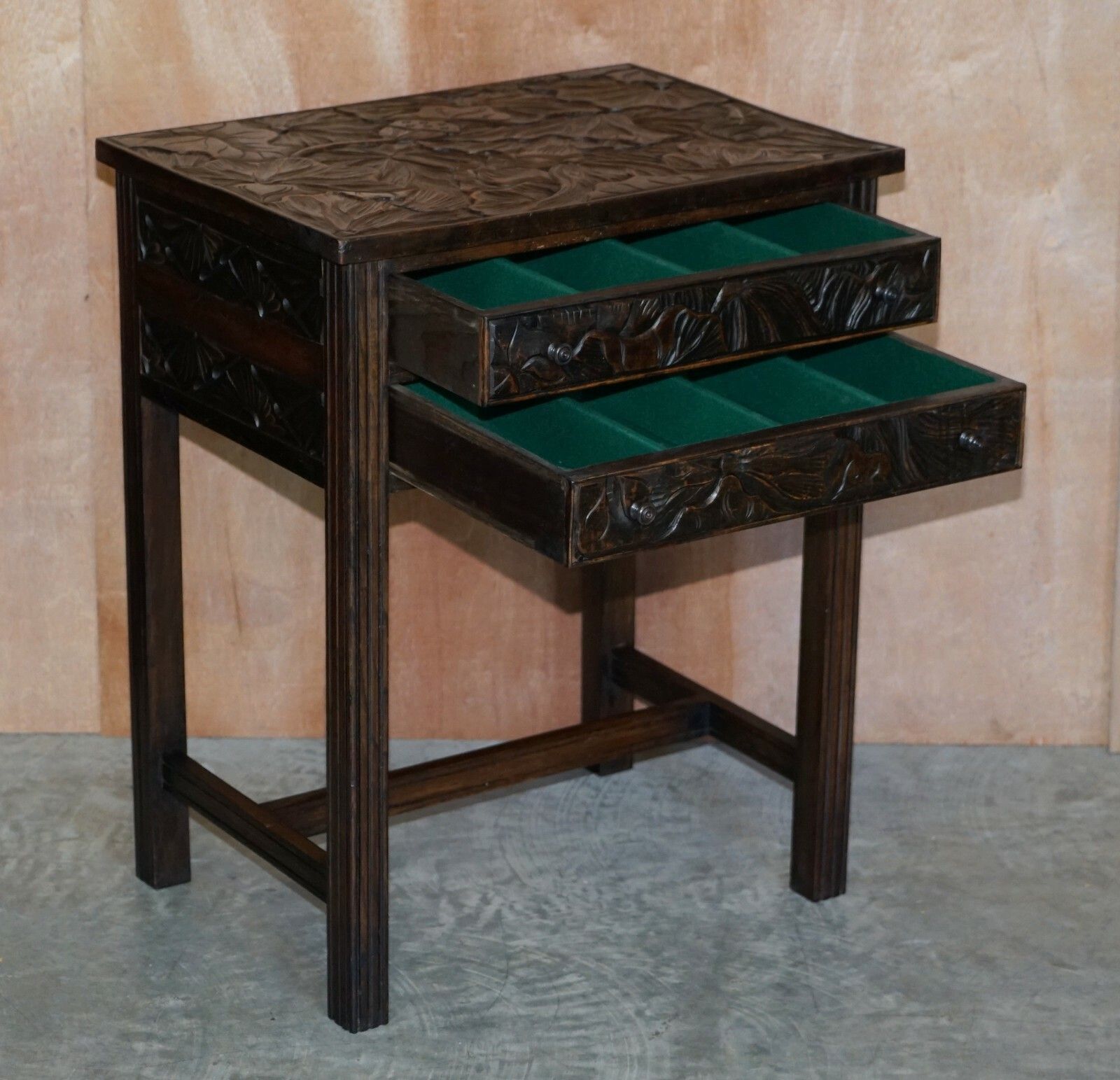 Furniture Circa 1905 Liberty's London Japanese Hand Carved Side Lamp Table Cutlery Drawers photo