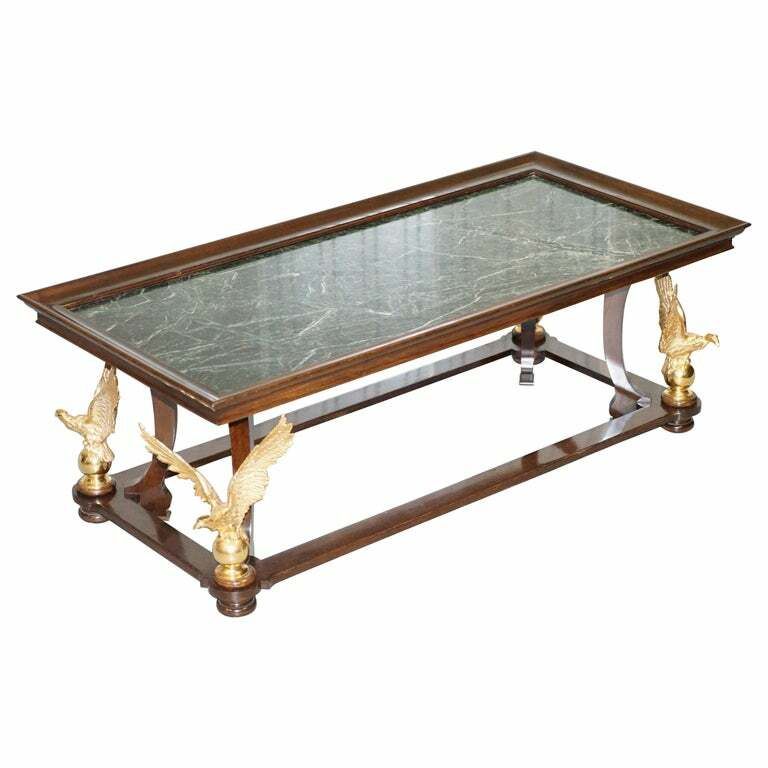 Large And Ornate Green Marble, Mahogany & Gold Gilt Eagle Coffee Cocktail Table