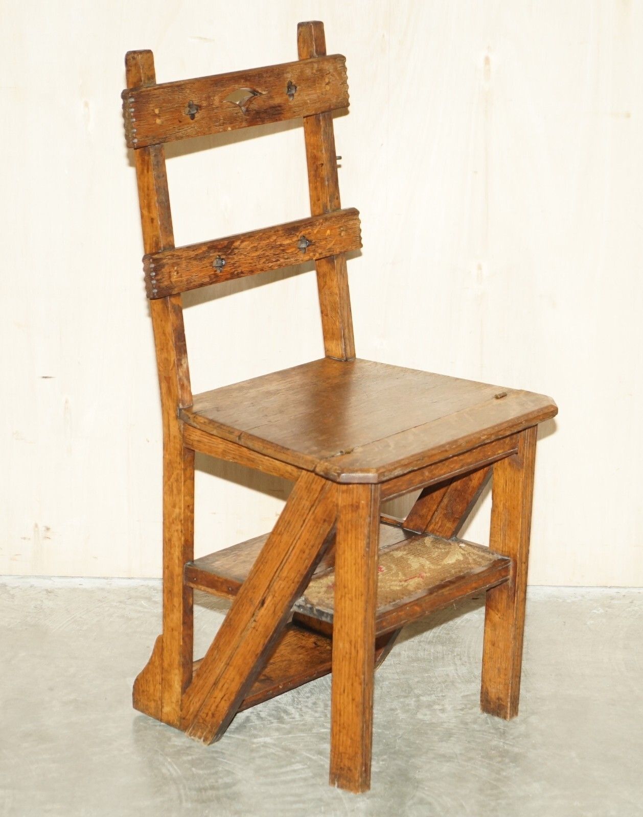 Antique 1880 Arts & Crafts Metamorphic Library Steps Original Carpet Upholstery photo furniture