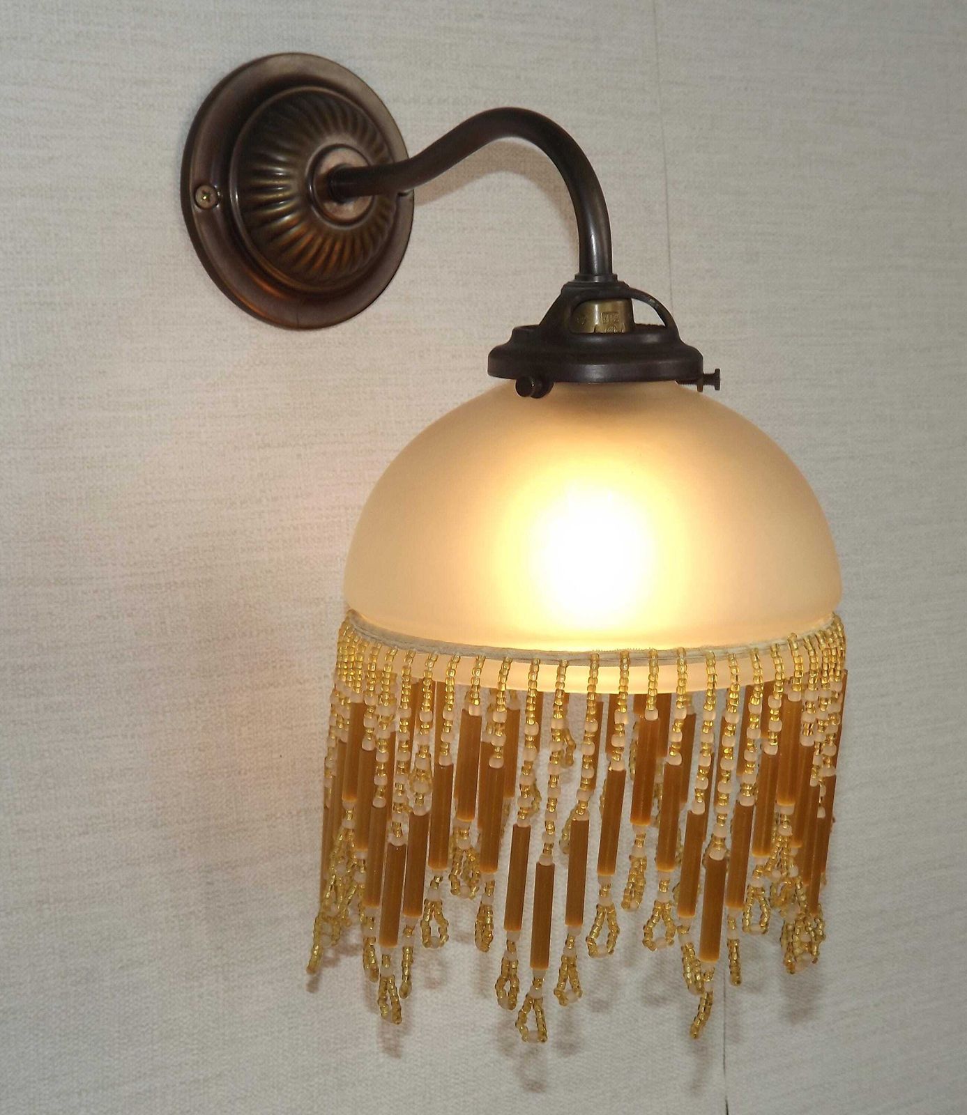 French Vintage Single Wall Light Bronze Effect With Opaque Glass Shade & Gold Beaded Fringe   French Vintage Lighting. Single Wall Sconce. photo for sale