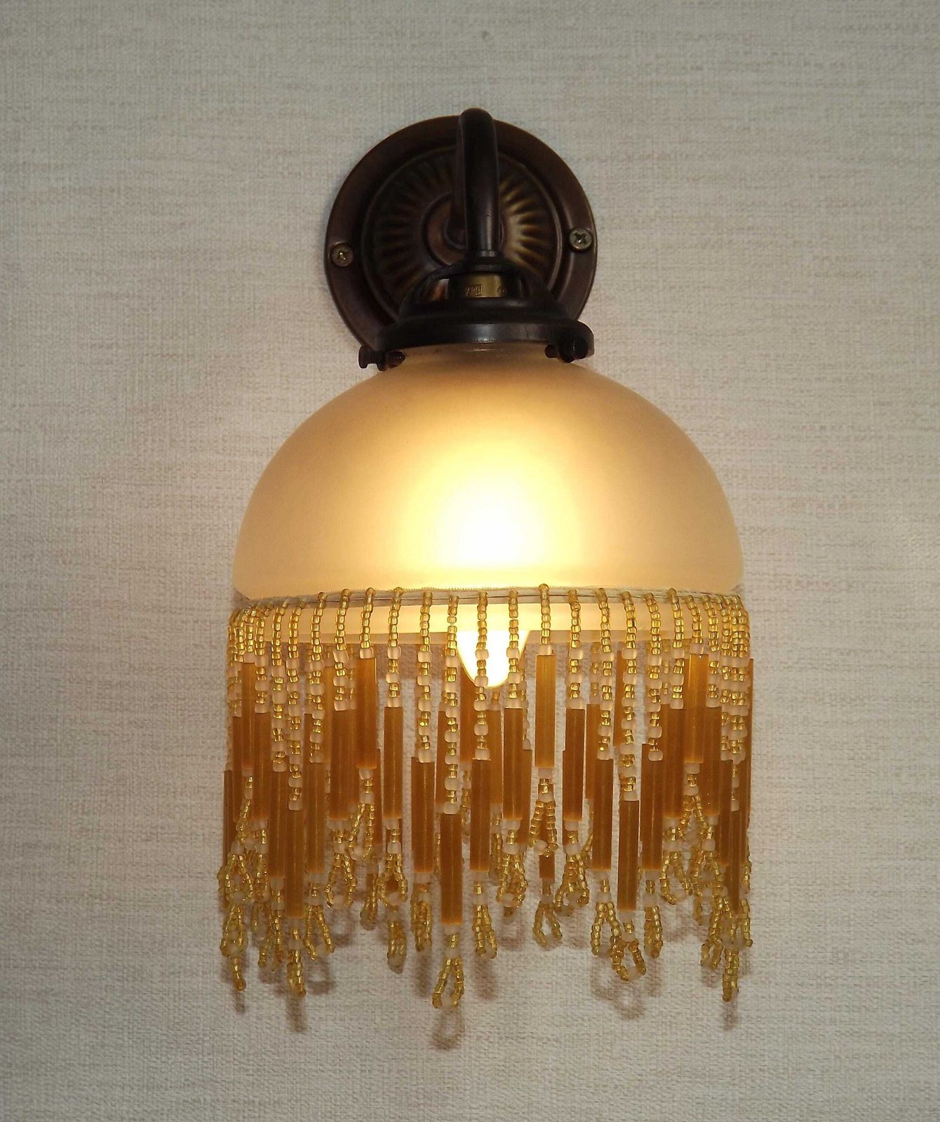 French Vintage Single Wall Light Bronze Effect With Opaque Glass Shade & Gold Beaded Fringe   French Vintage Lighting. Single Wall Sconce. photo vinterior