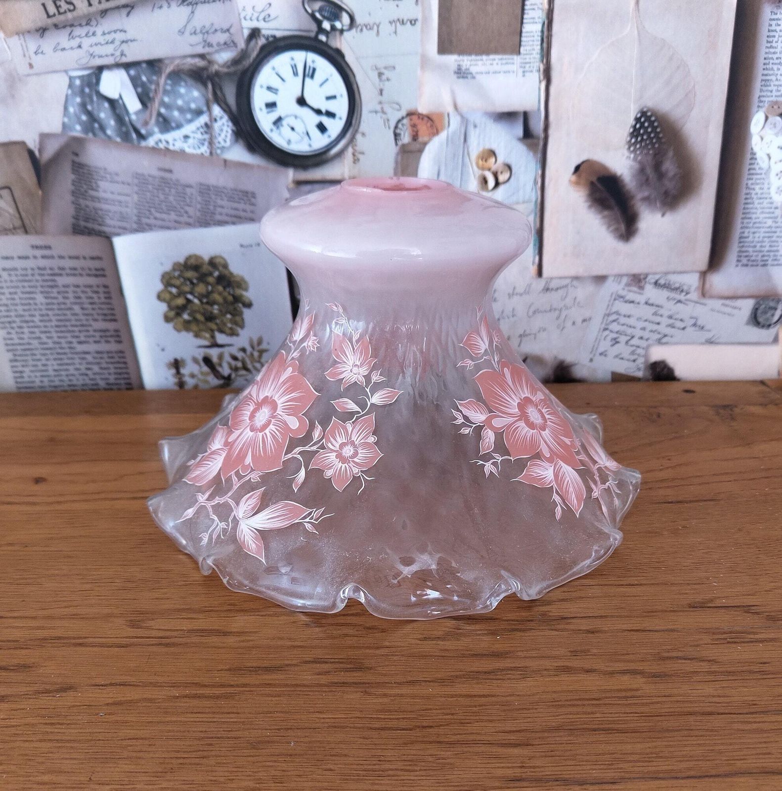 Vintage French Mid Century Light Shade In Pale Pink With Floral Decoration photo furniture