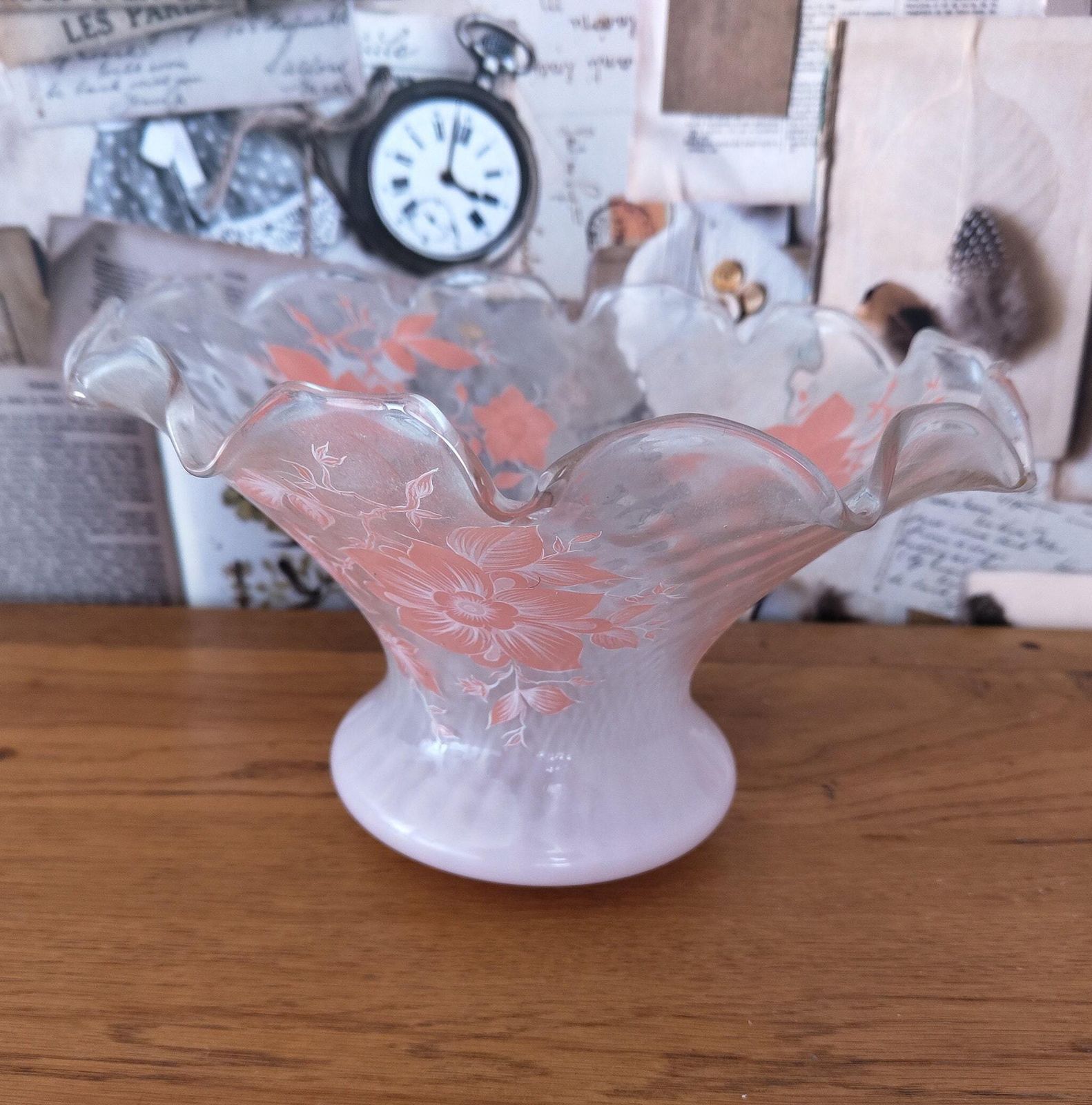 Vintage French Mid Century Light Shade In Pale Pink With Floral Decoration photo vinterior