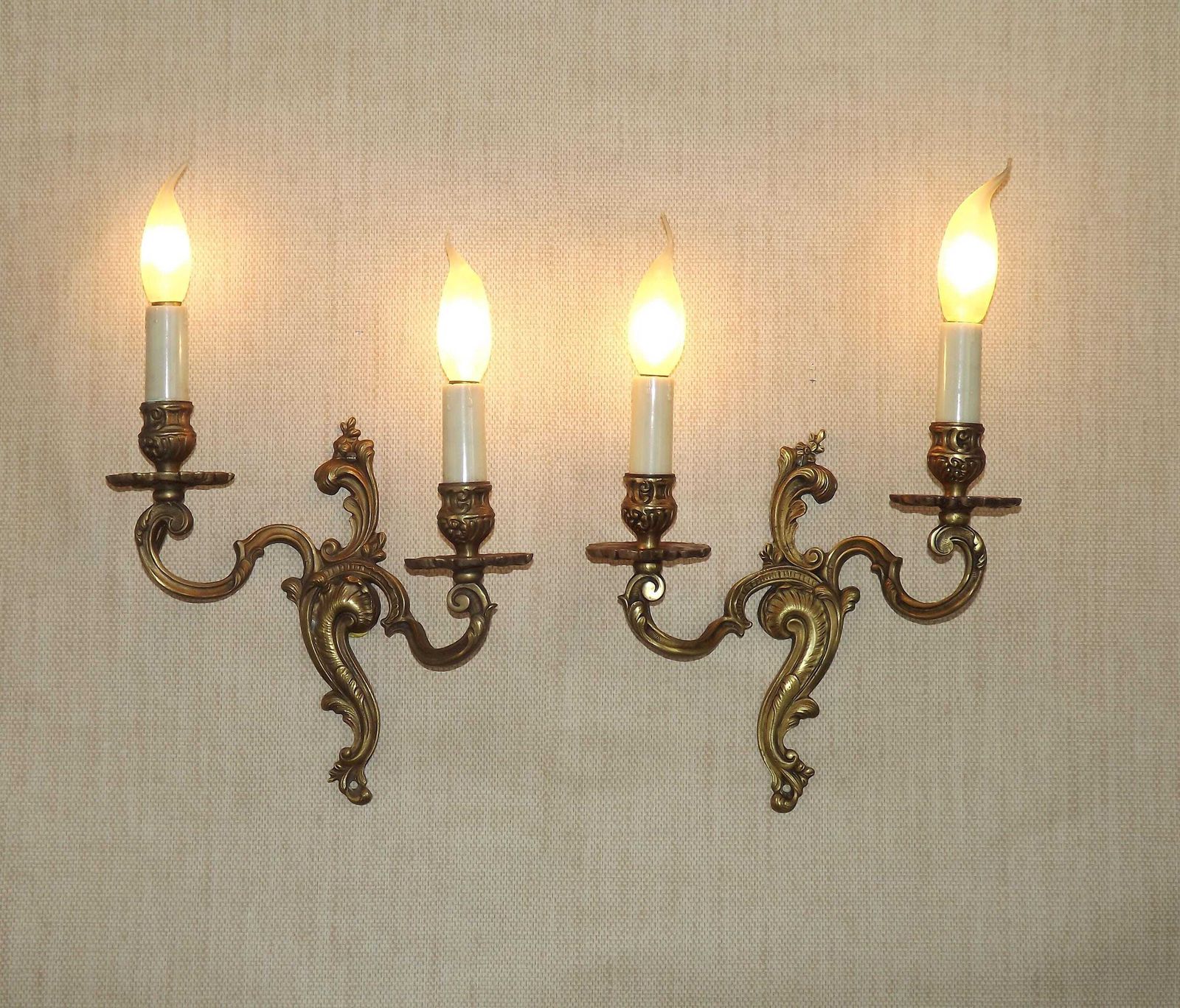 Elegant Vintage French Bronze Double Wall Sconces With Acanthus Leaf Detail   French Vintage Lighting. Bronze Double Acanthus Wall Lights.
