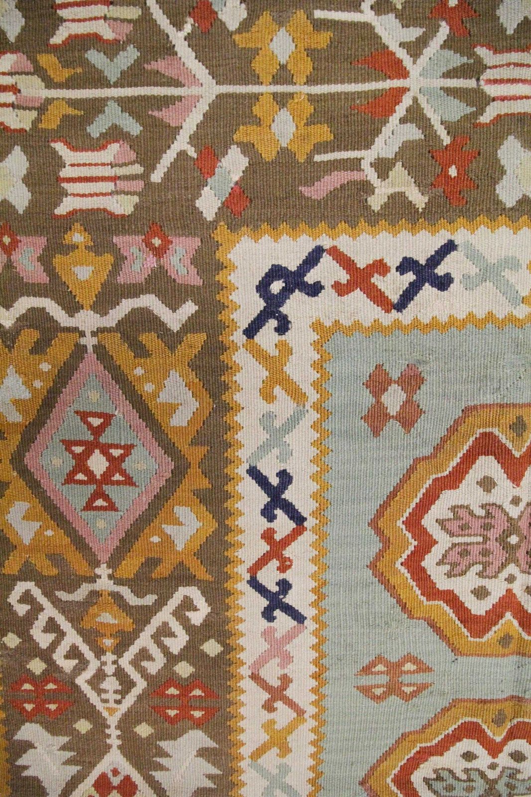 Antique Anatolian Kilim Rug, Handmade Wool Flatweave Carpet, Turquoise Blue & Mustard Geometric 141 × 93 Cm photo buy
