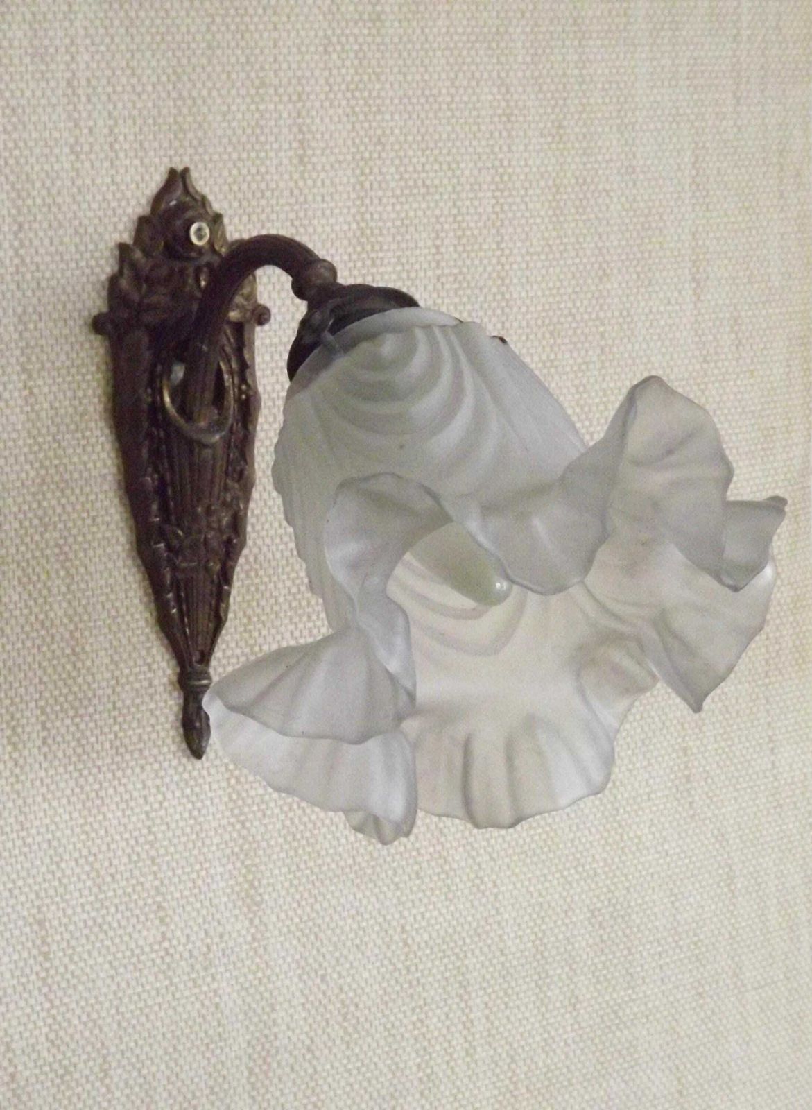 Single French Bronze Art Nouveau Wall Light Flower Detail White Glass Shade 6 French Vintage Lighting. Single Wall Light.Frilled Glass Shade photo furniture