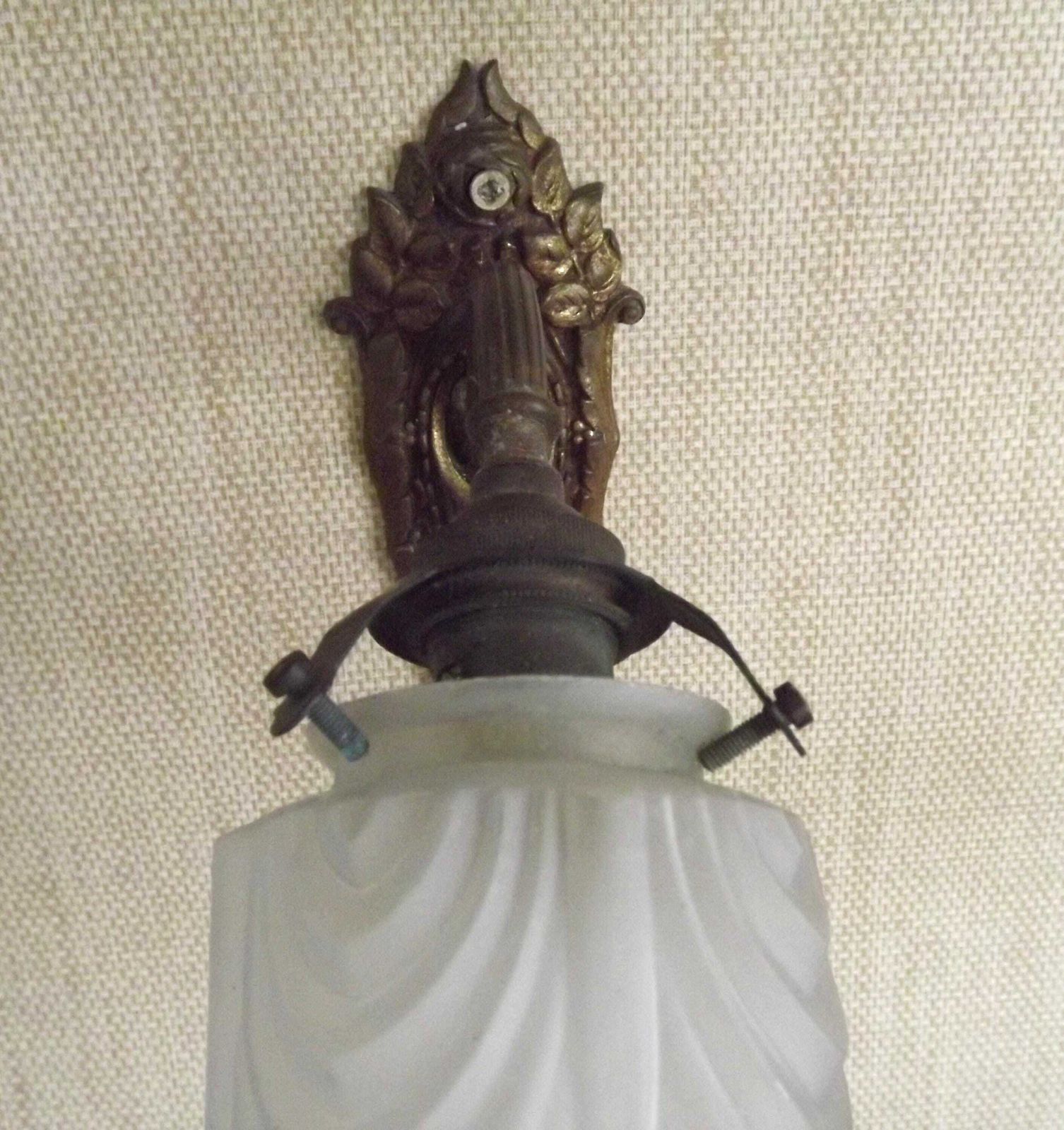 Single French Bronze Art Nouveau Wall Light Flower Detail White Glass Shade 6 French Vintage Lighting. Single Wall Light.Frilled Glass Shade photo vintage