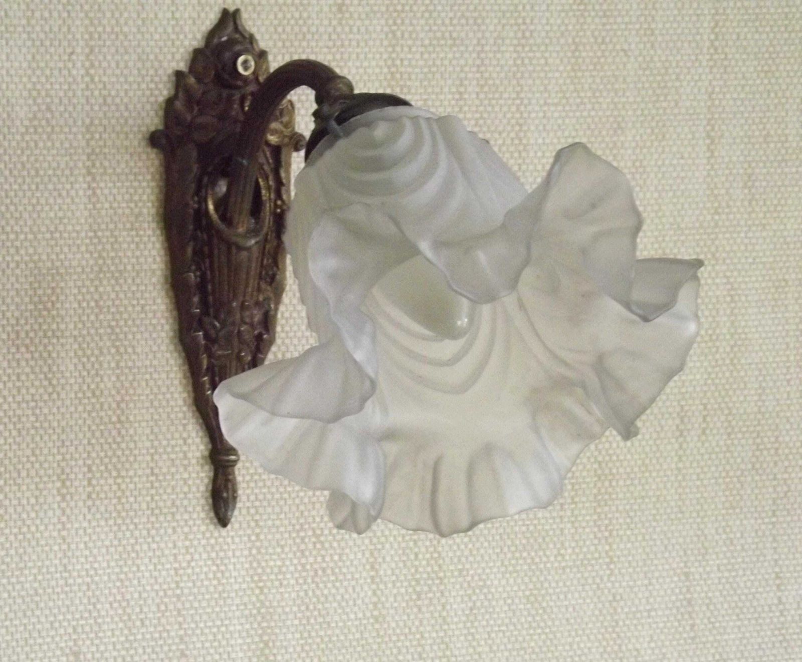 photo furniture Single French Bronze Art Nouveau Wall Light Flower Detail White Glass Shade 6 French Vintage Lighting. Single Wall Light.Frilled Glass Shade