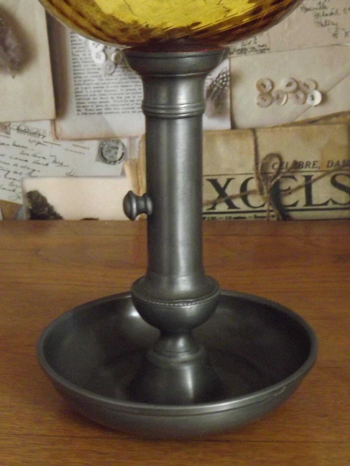 French Antique Oil Lantern Pewter Candle Base Amber Oil Well & Glass Funnel   French Oil Lnatern. Amber Glass Bowl. Upcycled Oil Lnatern. photo 108.0