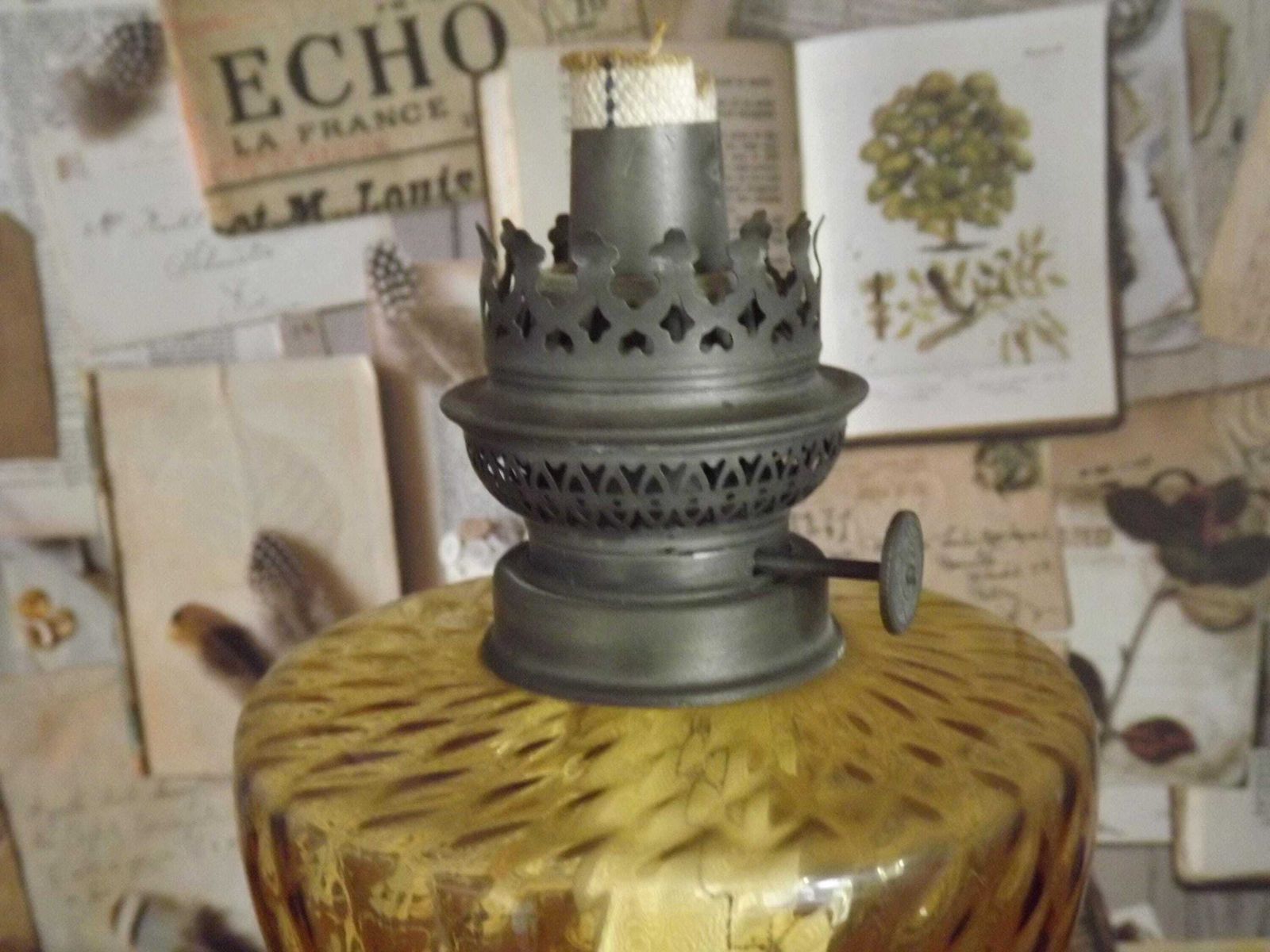French Antique Oil Lantern Pewter Candle Base Amber Oil Well & Glass Funnel   French Oil Lnatern. Amber Glass Bowl. Upcycled Oil Lnatern. photo vintage