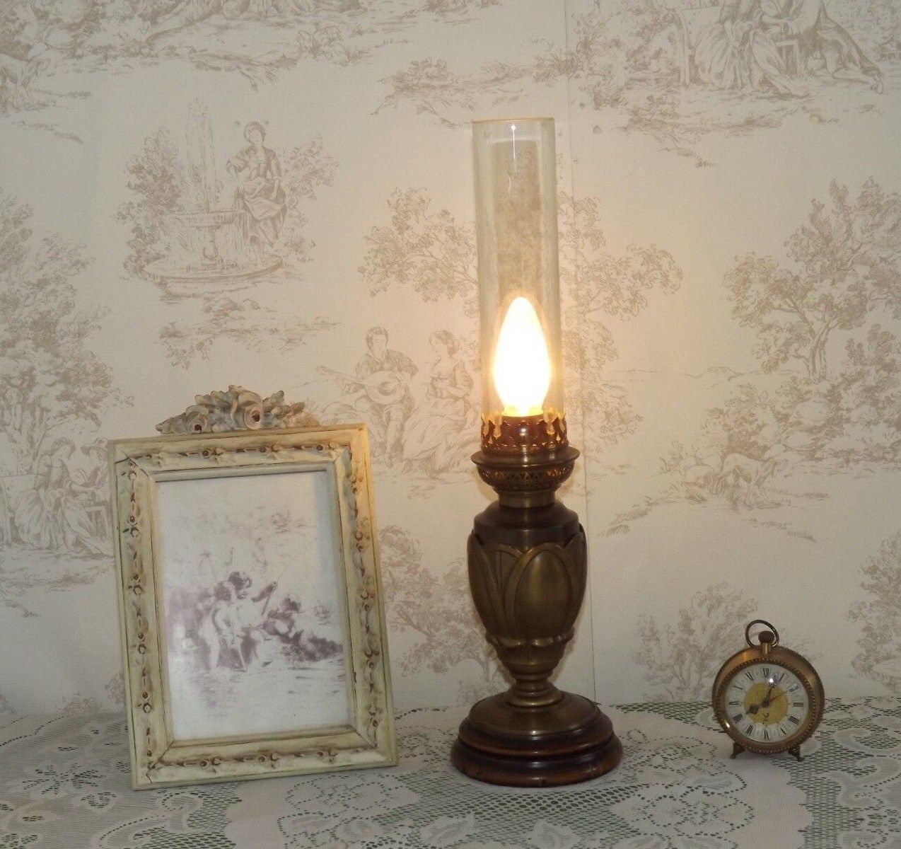 French Vintage Art Nouveau Style Bronze & Wood Table Lamp Clear Glass Funnel Shade   Vintage French Lighting. Table Lamp. Bedside Lamp. photo for sale