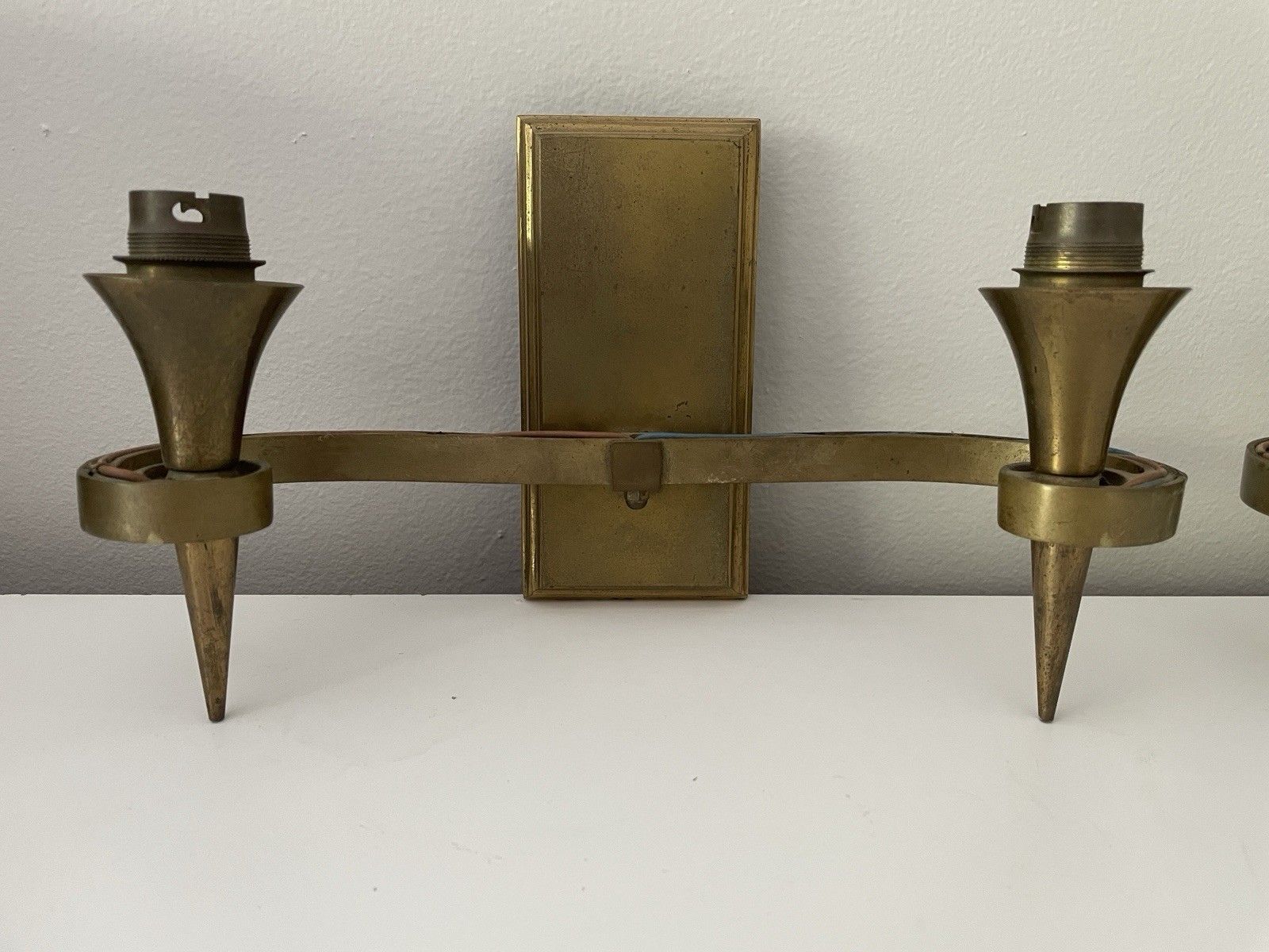 Pair Of French Mid Century Art Deco Style Wall Light Double Arm Sconces Brass photo for sale