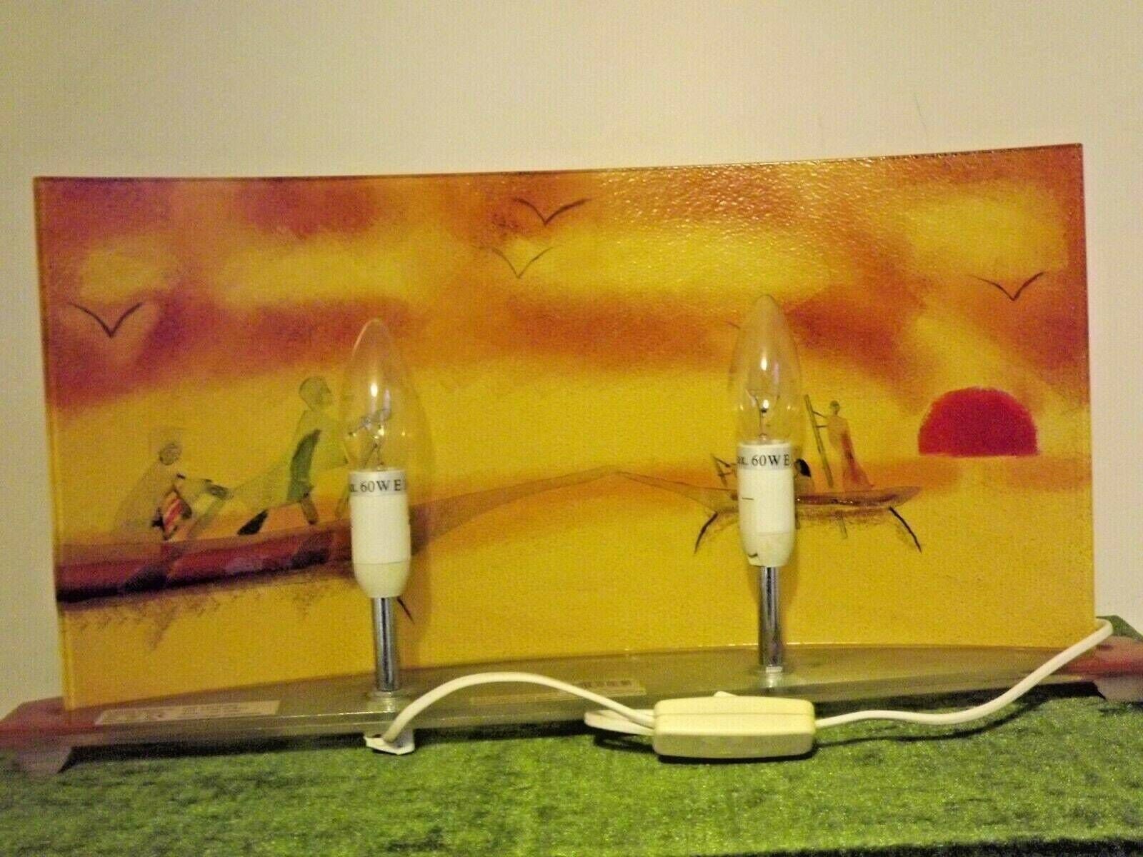 Stunning Vintage French African Style Glass Table Lamp With Dual Lighting  French Table Lamp. African Sunset Scene Curved Glass Lamp photo vintage