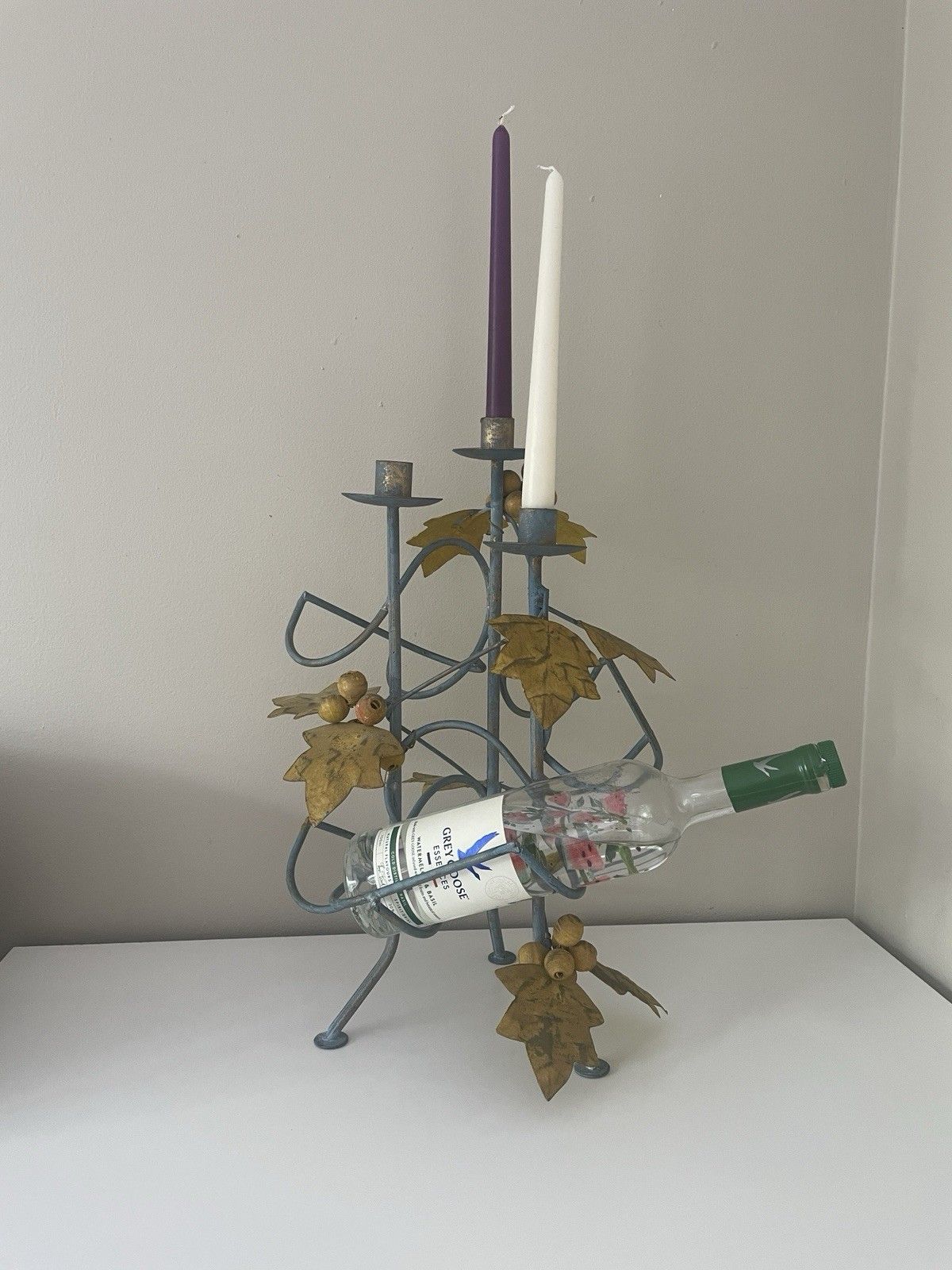 Unusual French Vintage Metal Bottle Holder & Candelabra With Vine Leaf Detail photo furniture