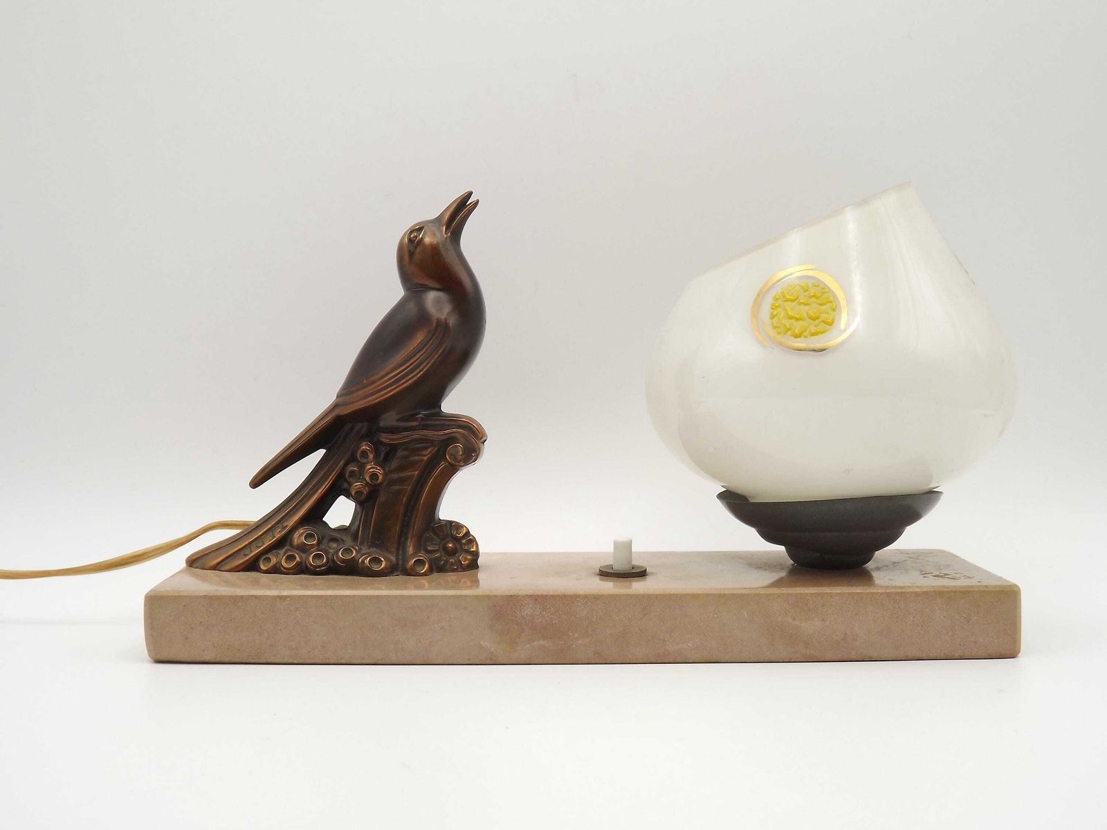 French Art Deco Tedd Bird Lamp – Signed, Marble Base & White Patterned Shade.  Bedside Lamp. photo furniture