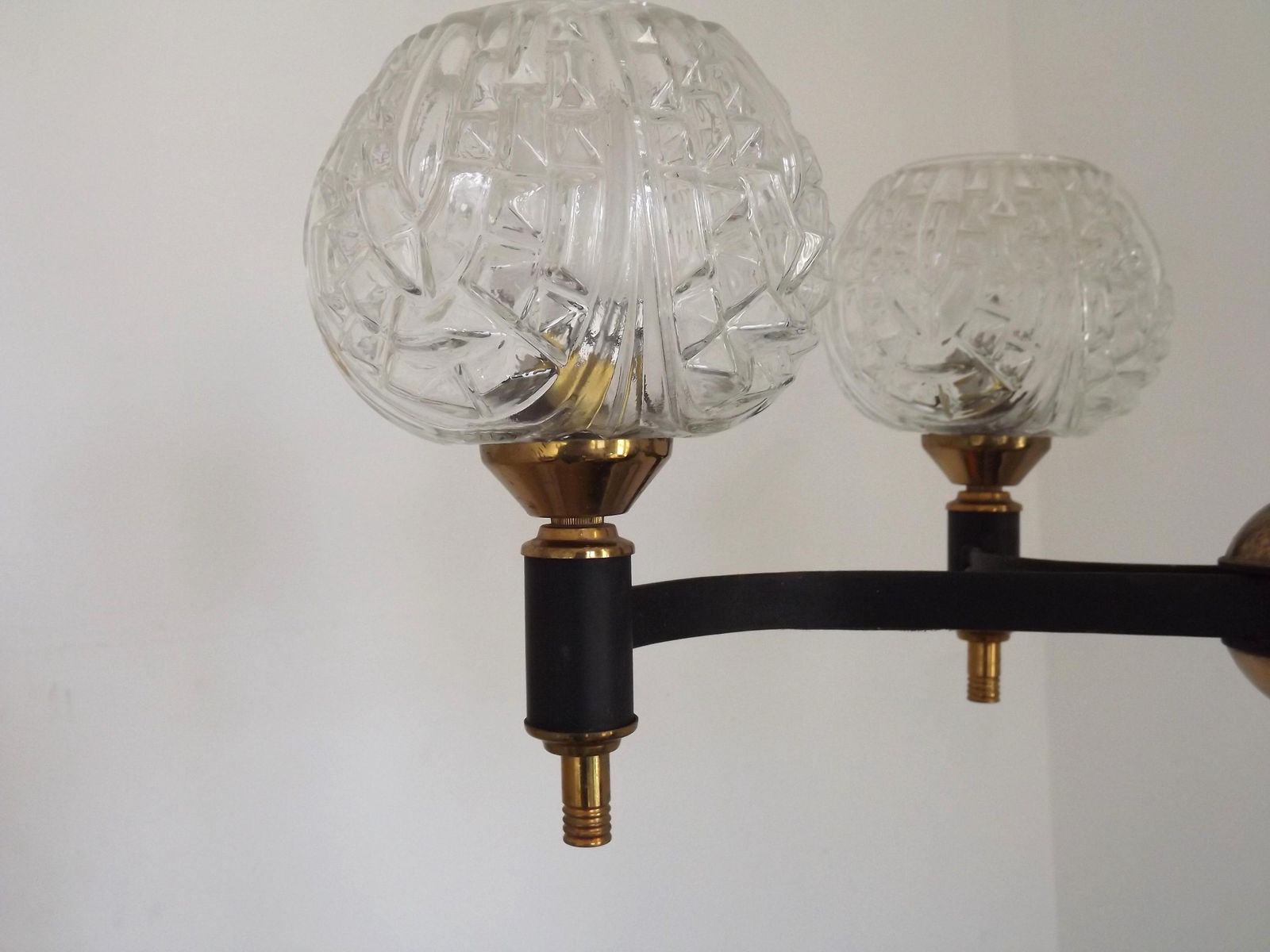 French Vintage Mid Century Black & Gold 4 Arm Chandelier With Clear Cut Glass Shades – 1950s/60s  French Vintage Lighting. Retro Lighting. photo buy