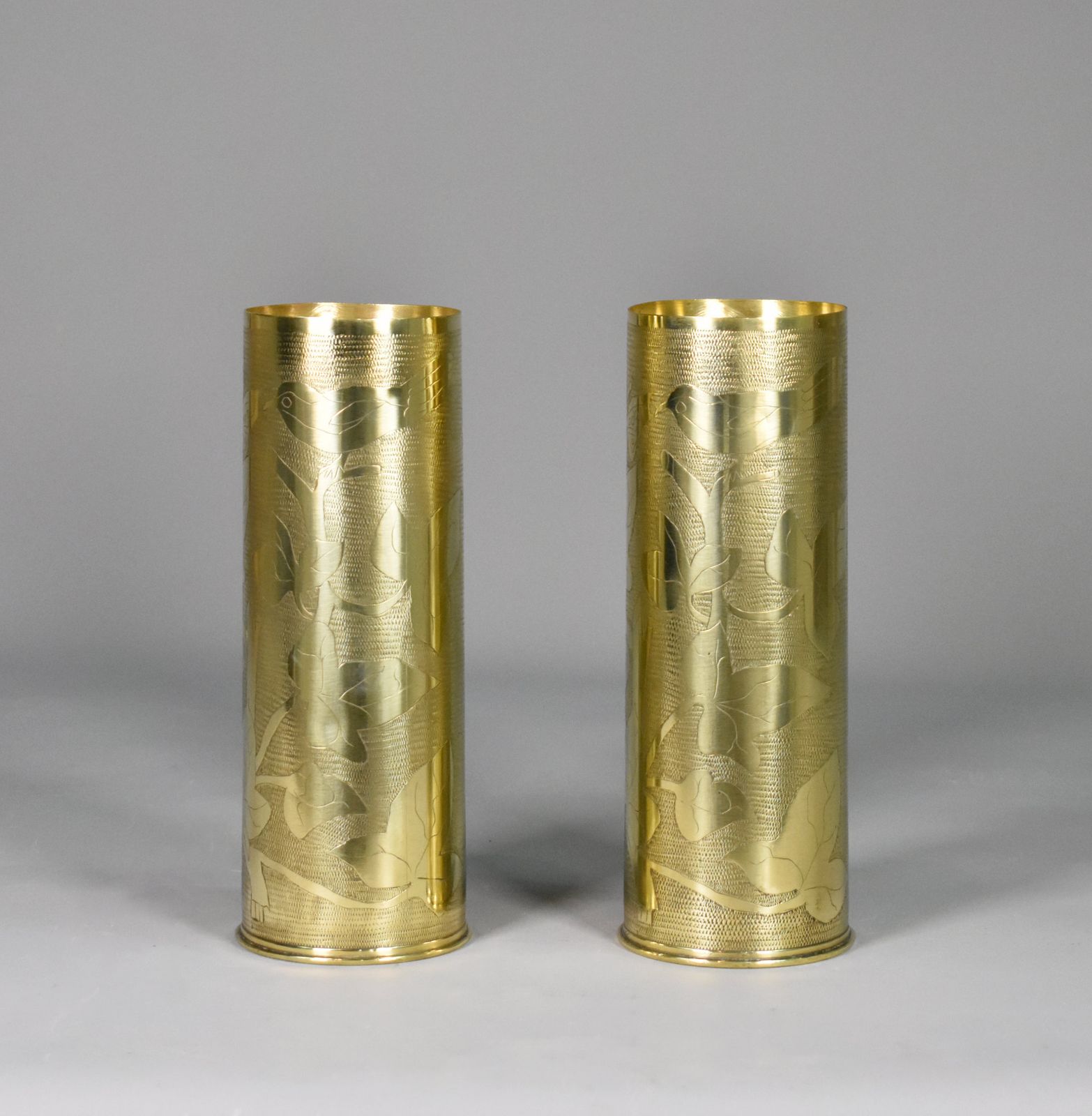 Pair Antique French Trench Art Brass Shell Vases Ww1 photo furniture