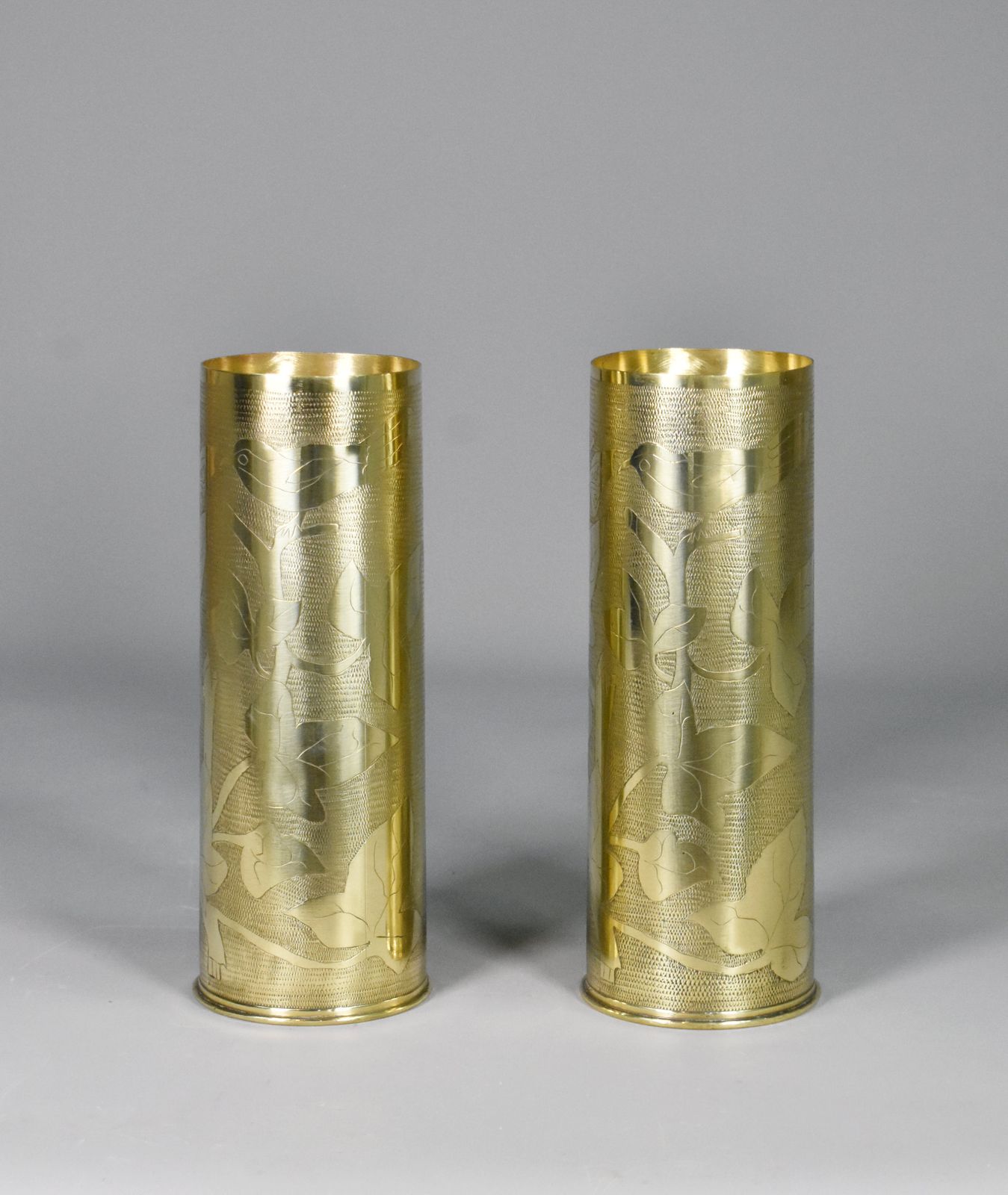 photo for sale Pair Antique French Trench Art Brass Shell Vases Ww1