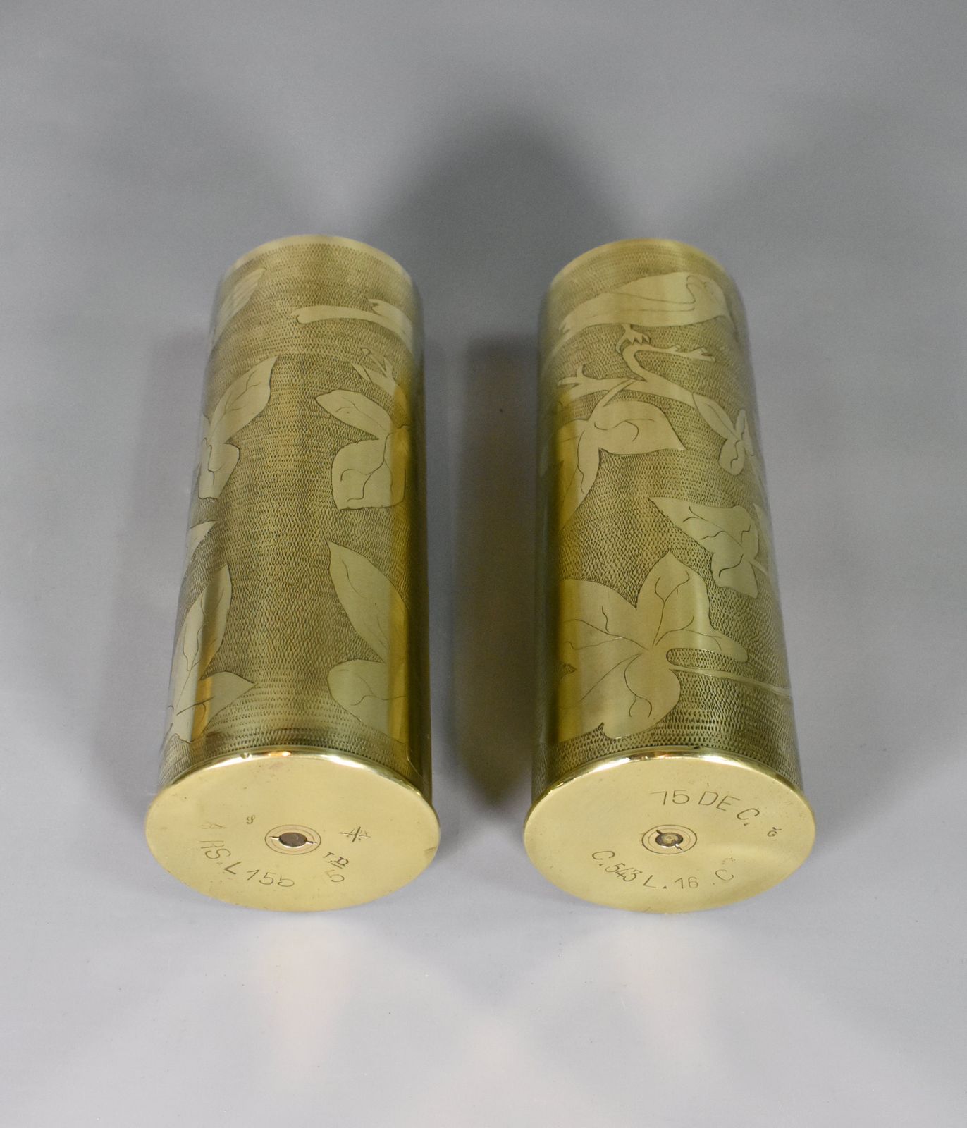 230.0 Pair Antique French Trench Art Brass Shell Vases Ww1 photo